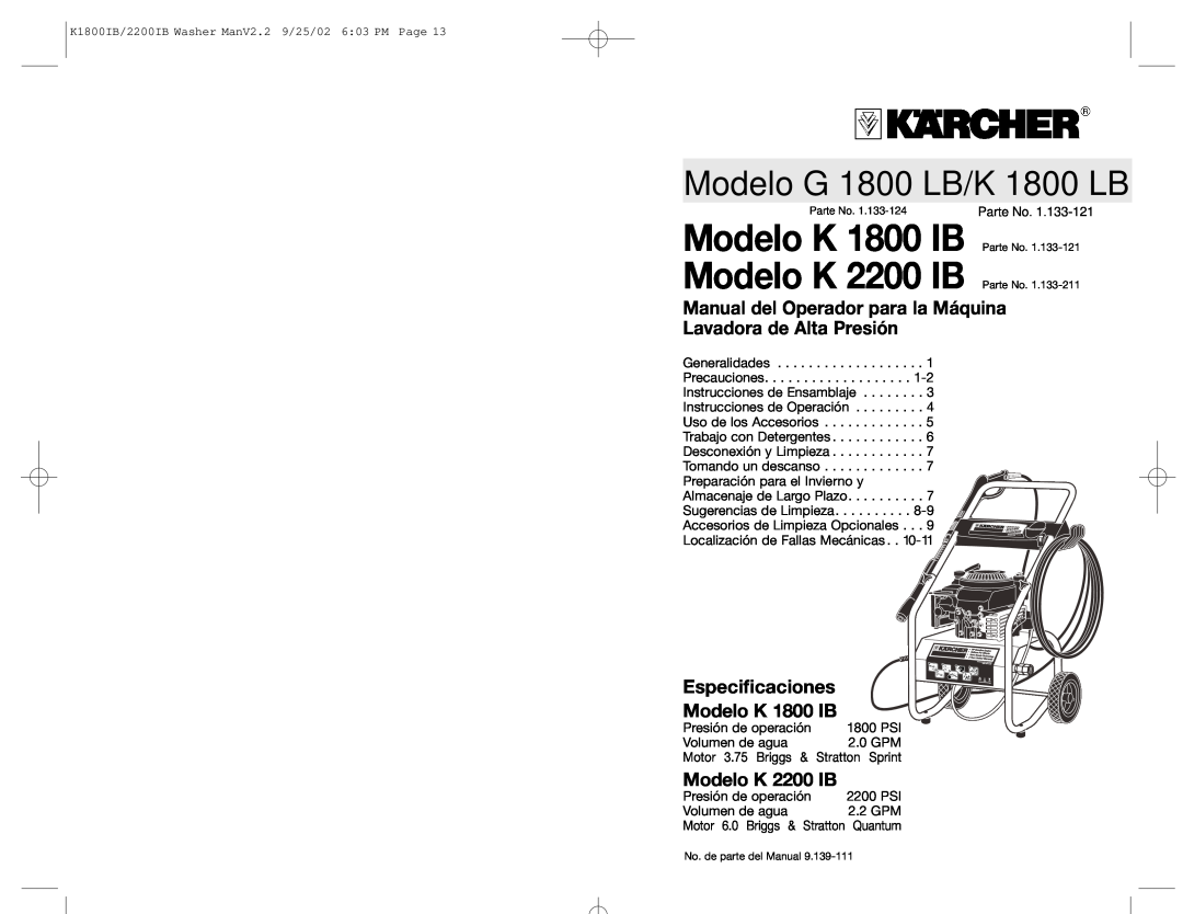 Karcher manual Especiﬁcaciones Modelo K 1800 IB, Modelo K 1800 IB Modelo K 2200 IB 