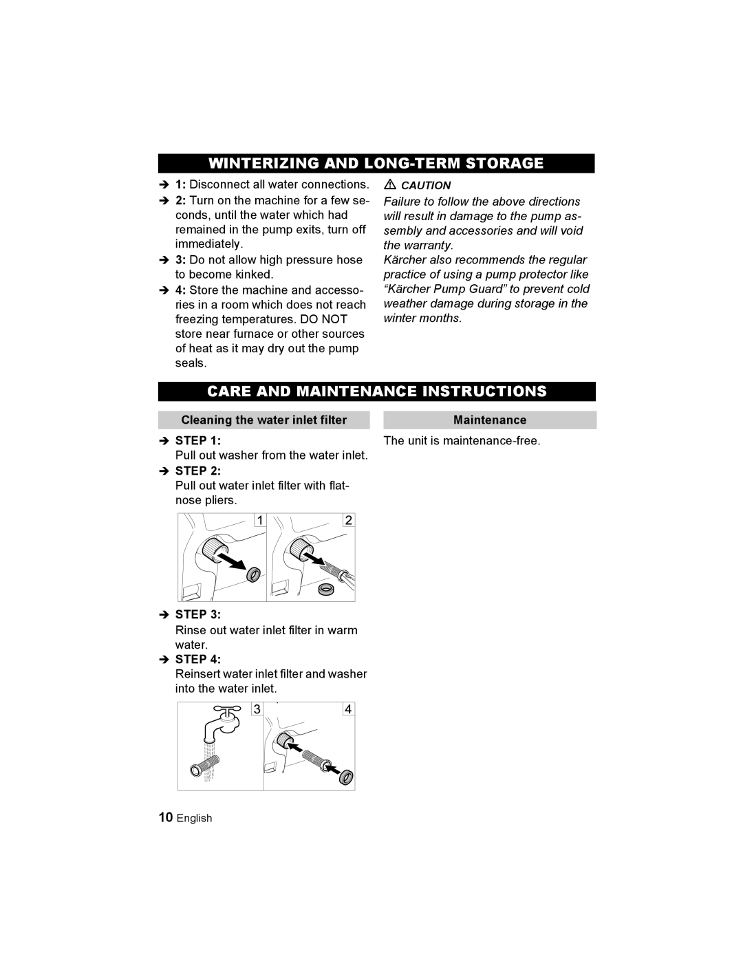 Karcher K 2.21 manual Winterizing and LONG-TERM Storage, Care and Maintenance Instructions, Cleaning the water inlet filter 