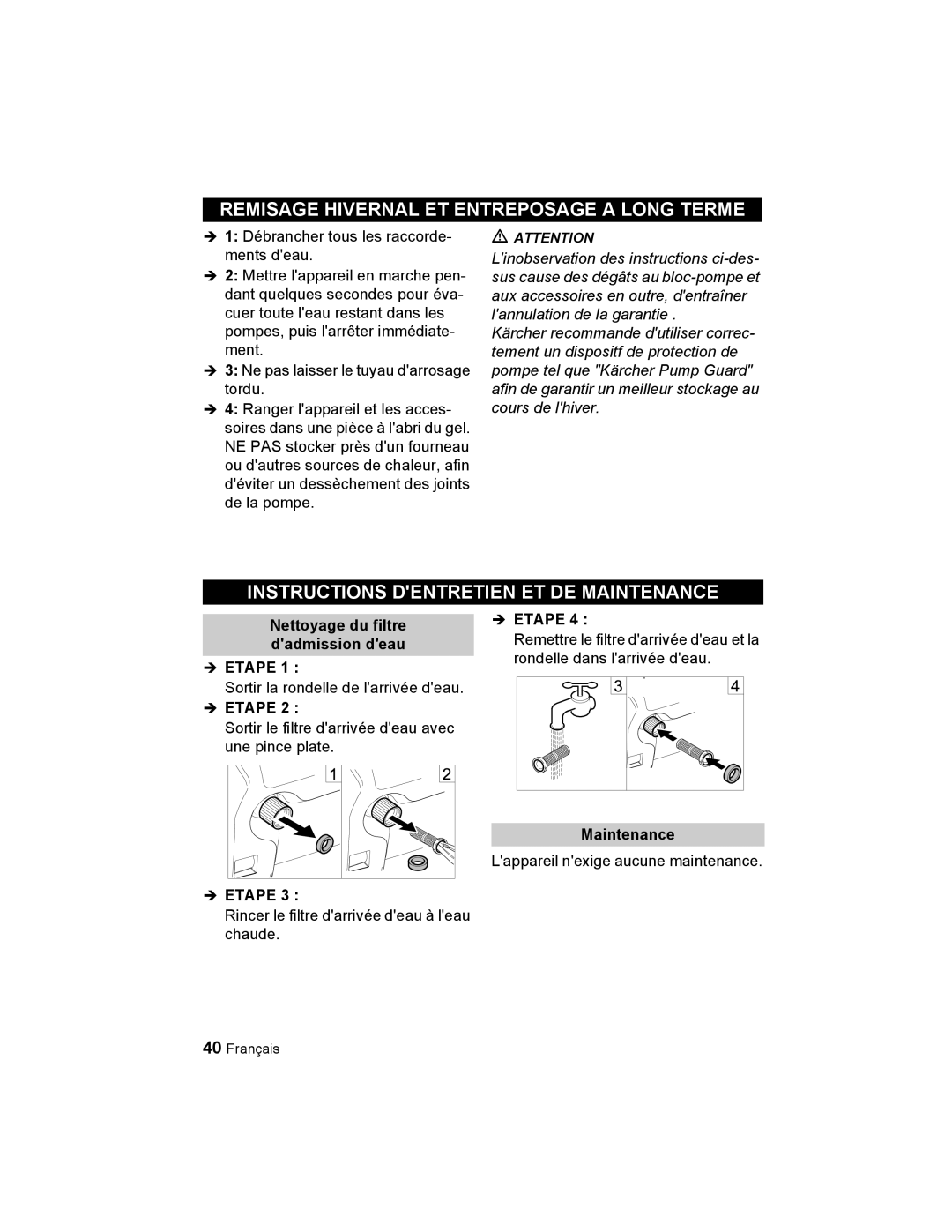 Karcher K 2.21 manual Remisage Hivernal ET Entreposage a Long Terme, Instructions Dentretien ET DE Maintenance 