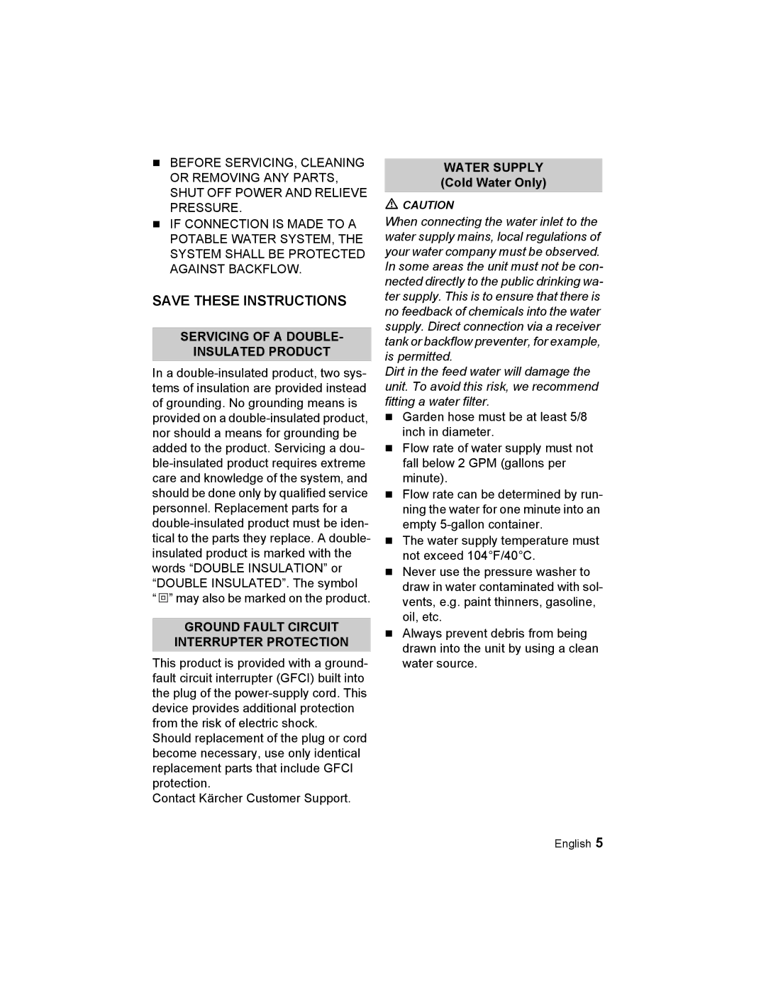 Karcher K 2.21 manual Servicing of a Double Insulated Product, Water Supply Cold Water Only 