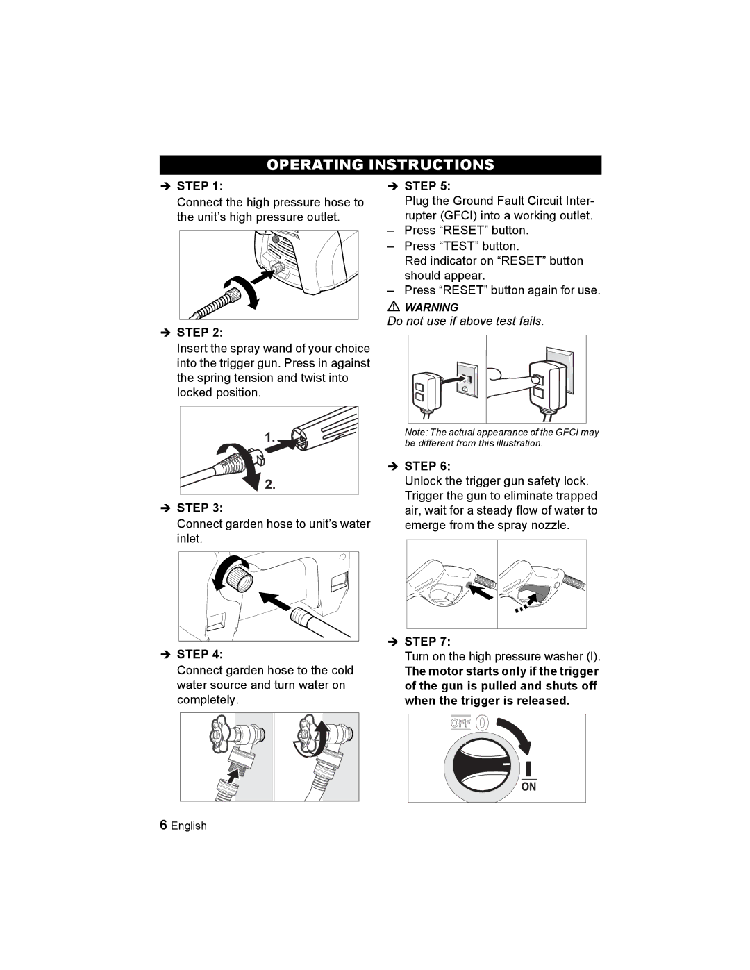 Karcher K 2.21 manual Operating Instructions, Turn on the high pressure washer 