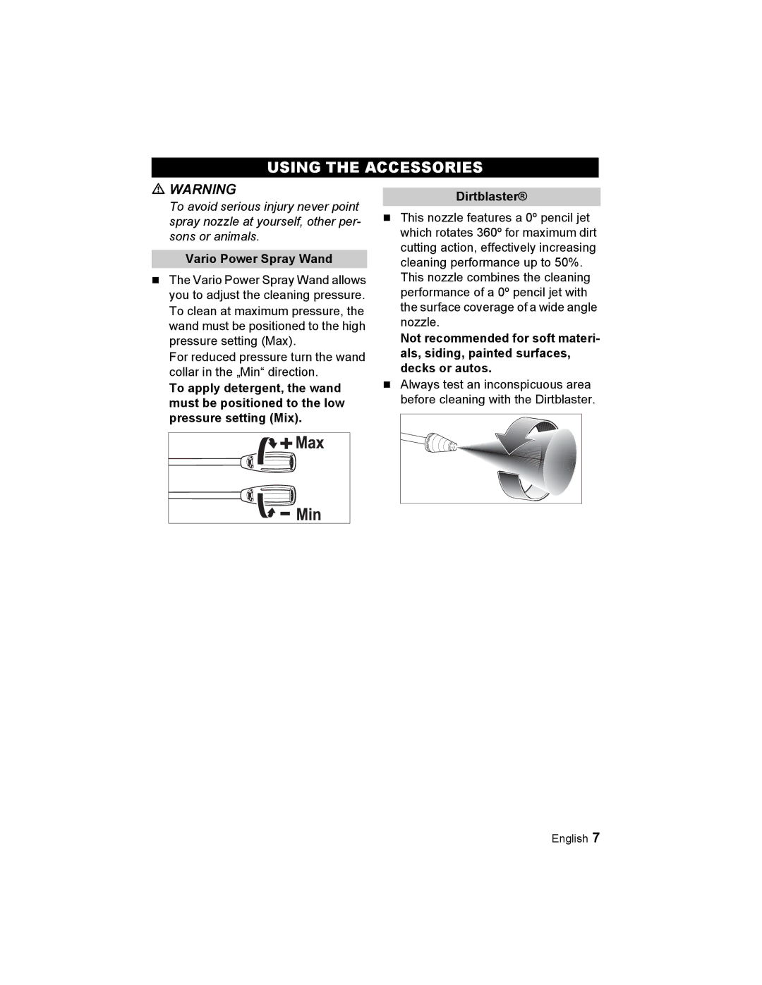 Karcher K 2.21 manual Using the Accessories, Vario Power Spray Wand 