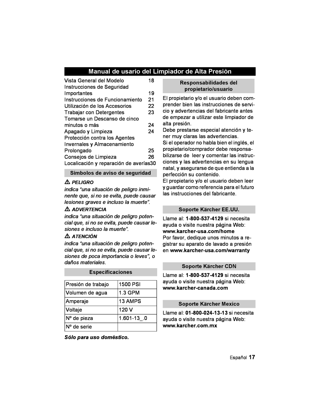 Karcher K 2.21 manual Manual de usario del Limpiador de Alta Presiòn, Símbolos de aviso de seguridad, Especificaciones 