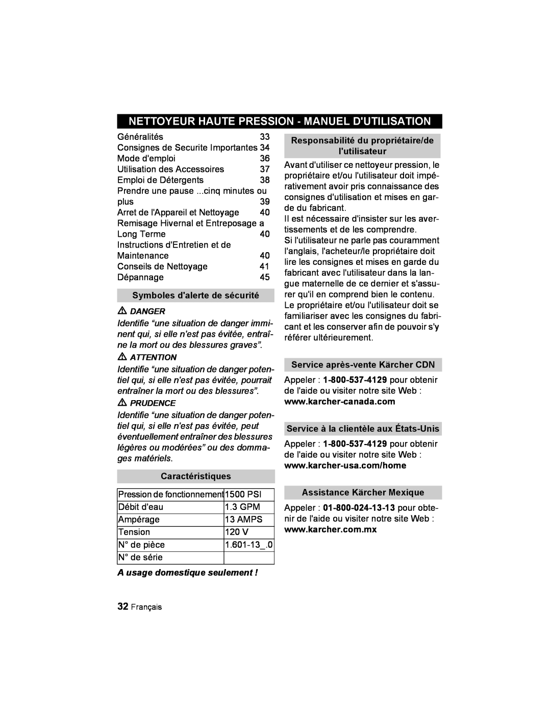 Karcher K 2.21 manual Nettoyeur Haute Pression - Manuel Dutilisation, Symboles dalerte de sécurité, Caractéristiques 