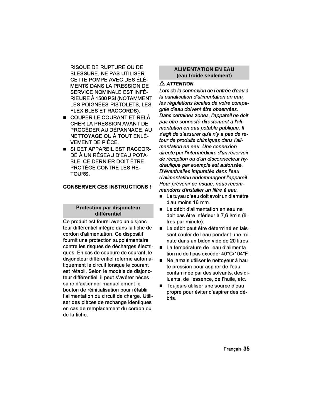 Karcher K 2.21 manual CONSERVER CES INSTRUCTIONS Protection par disjoncteur différentiel 