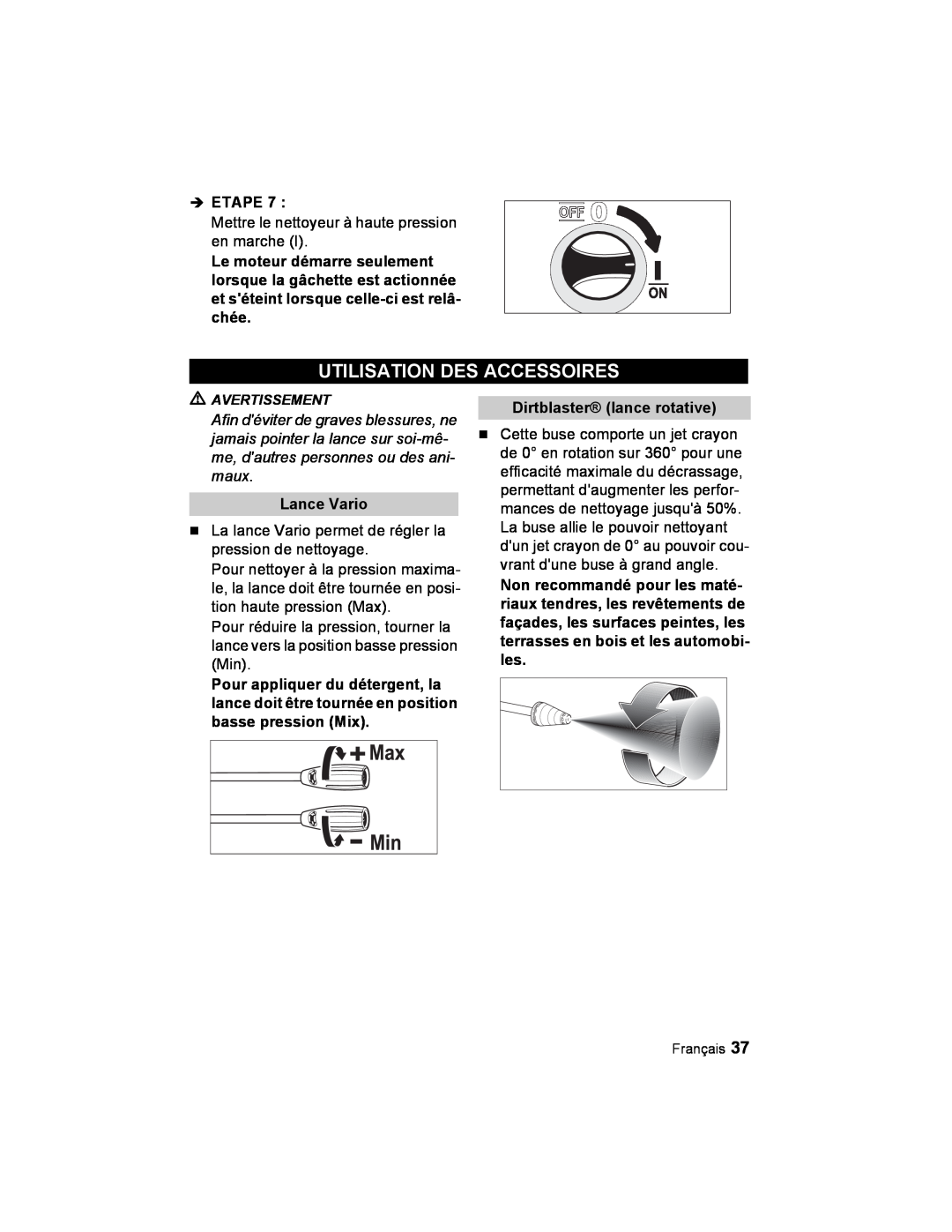 Karcher K 2.21 manual Utilisation Des Accessoires, Lance Vario, Dirtblaster lance rotative, Î Etape 