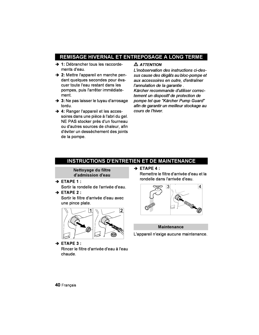 Karcher K 2.21 manual Remisage Hivernal Et Entreposage A Long Terme, Instructions Dentretien Et De Maintenance, Î Etape 