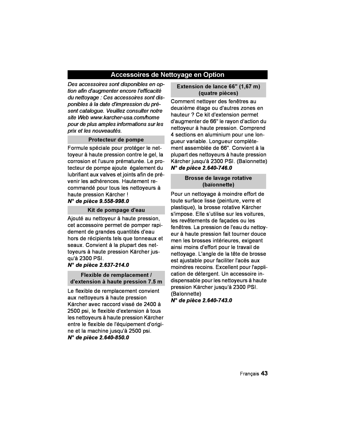Karcher K 2.21 manual Accessoires de Nettoyage en Option, Protecteur de pompe, N de pièce, Kit de pompage deau 