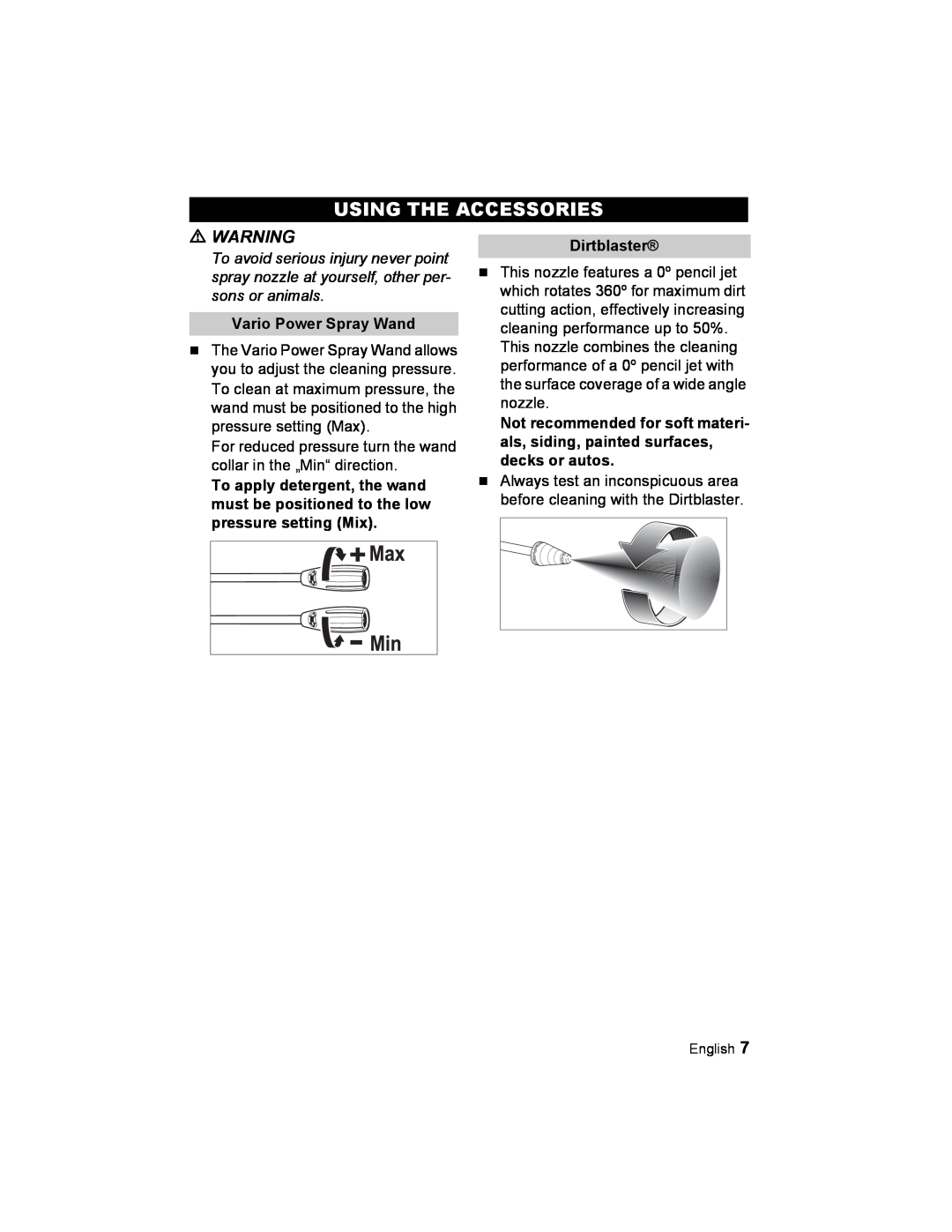 Karcher K 2.21 manual Using The Accessories, Vario Power Spray Wand, Dirtblaster 