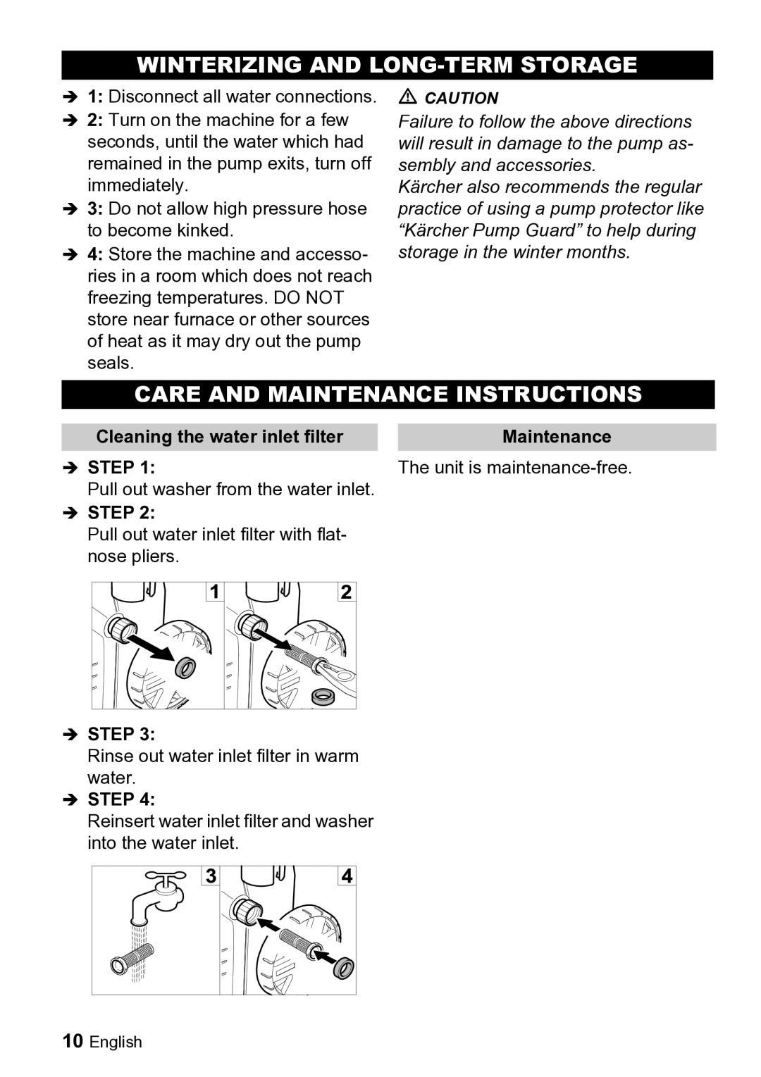 Karcher K 2.26 M manual Winterizing and LONG-TERM Storage, Care and Maintenance Instructions 