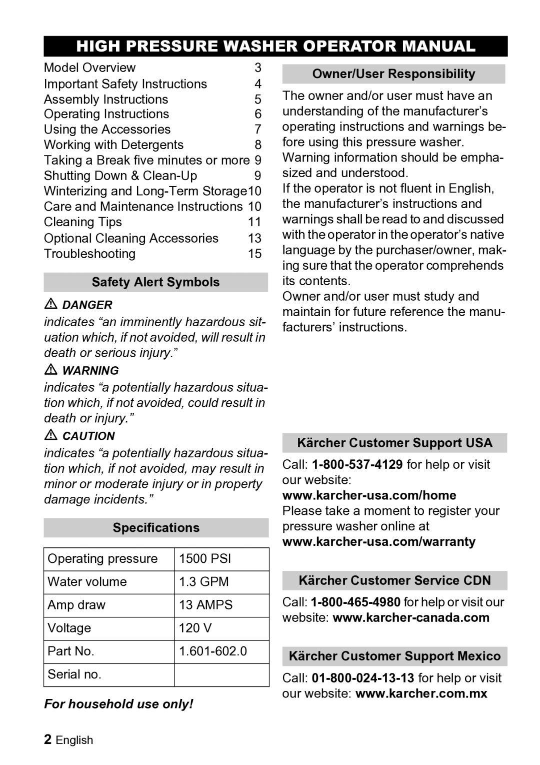 Karcher K 2.26 M manual High Pressure Washer Operator Manual, For household use only 