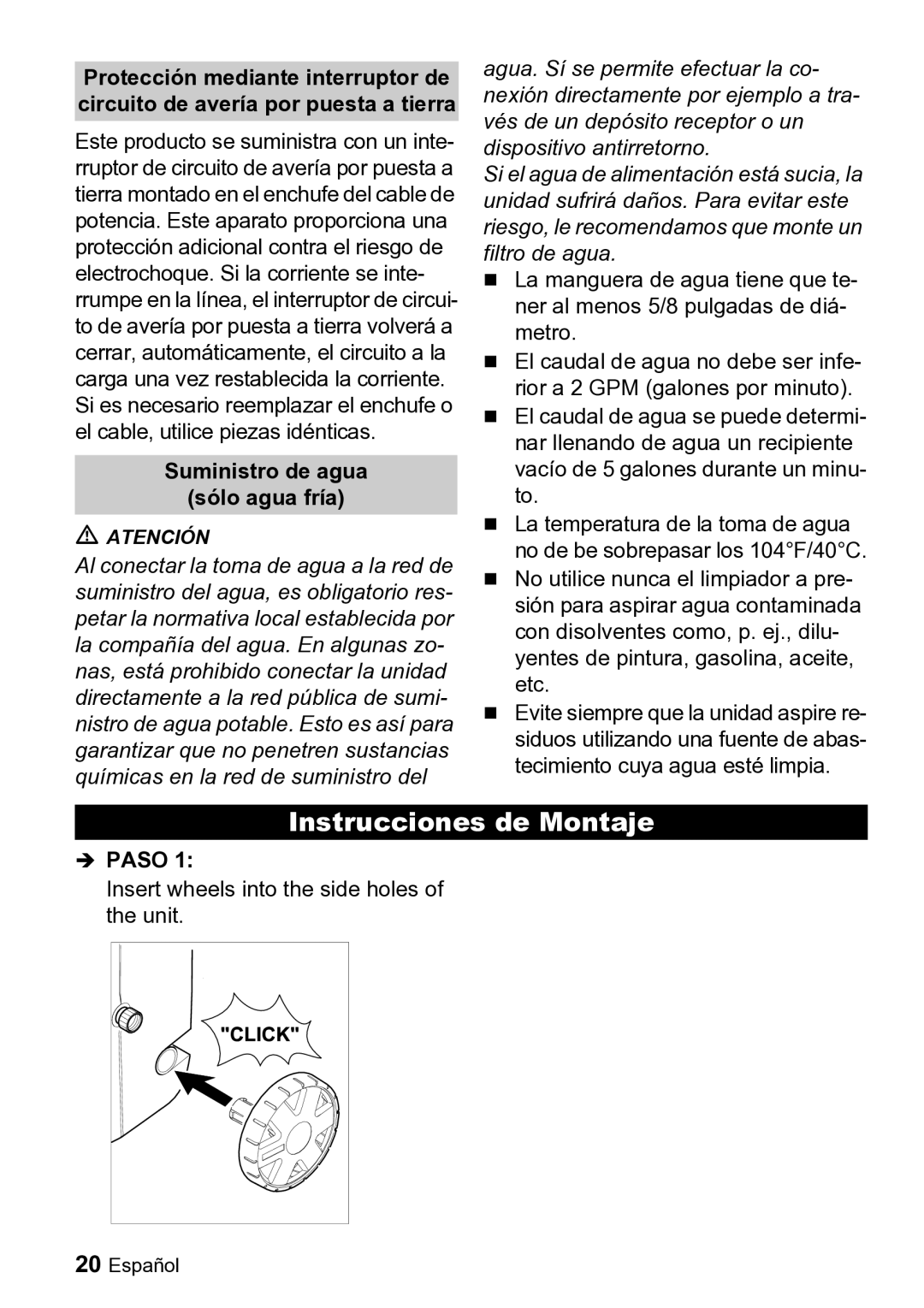 Karcher K 2.26 M manual Instrucciones de Montaje, Suministro de agua Sólo agua fría 