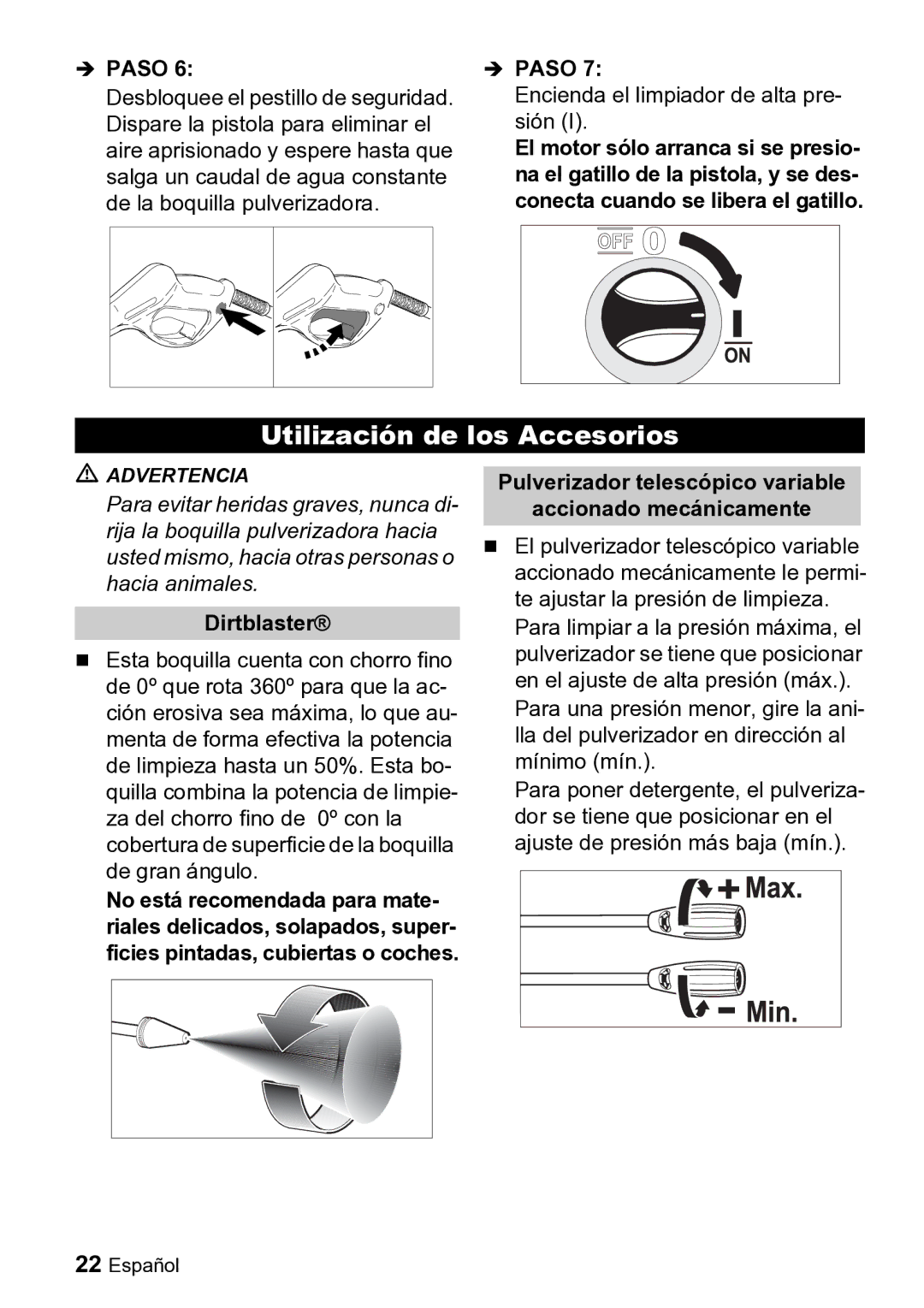 Karcher K 2.26 M manual Utilización de los Accesorios, Pulverizador telescópico variable Accionado mecánicamente 