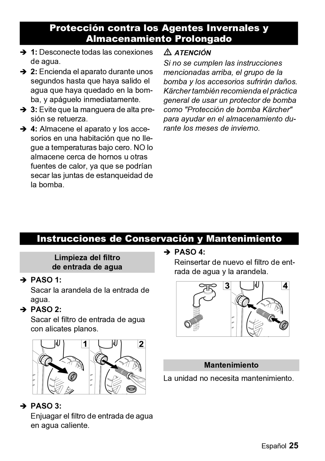 Karcher K 2.26 M manual Instrucciones de Conservación y Mantenimiento, Limpieza del filtro de entrada de agua 