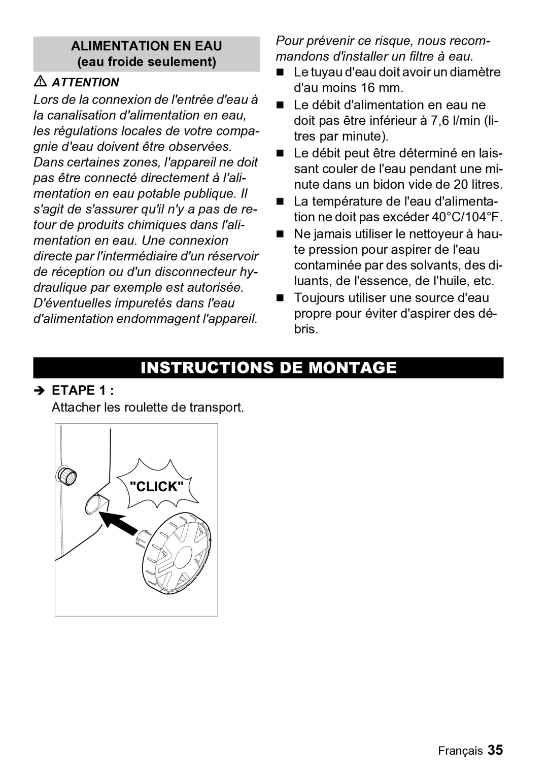 Karcher K 2.26 M manual Instructions DE Montage, Alimentation EN EAU eau froide seulement 