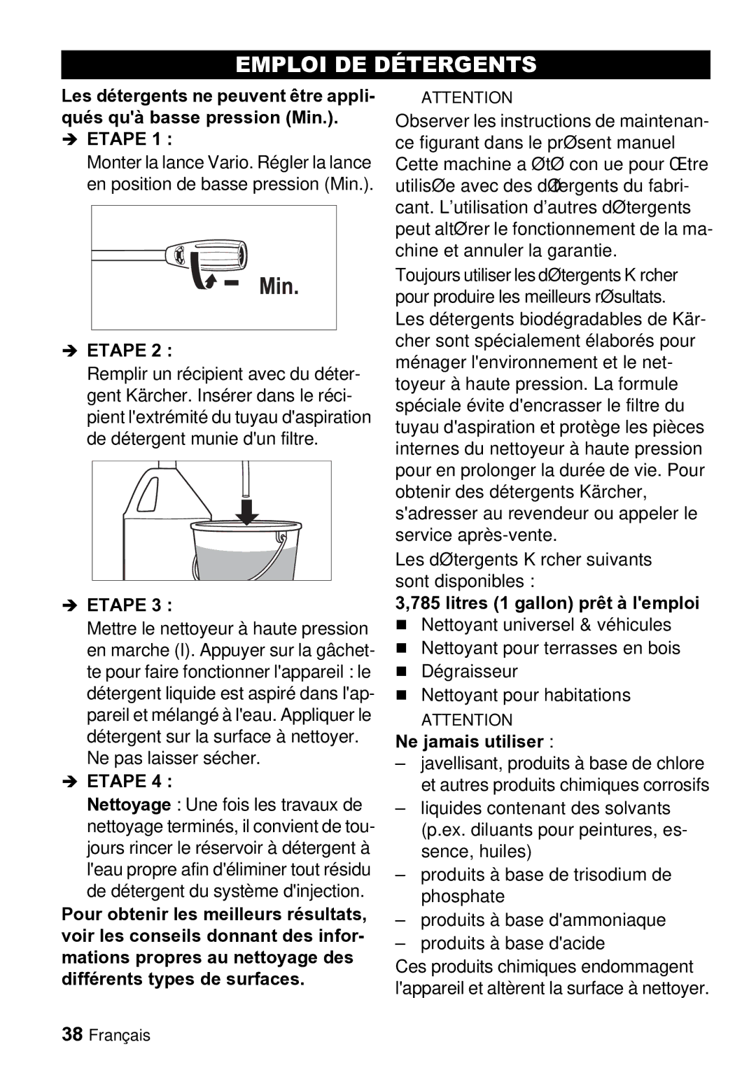 Karcher K 2.26 M Emploi DE Détergents, Les détergents Kärcher suivants sont disponibles, Litres 1 gallon prêt à lemploi 