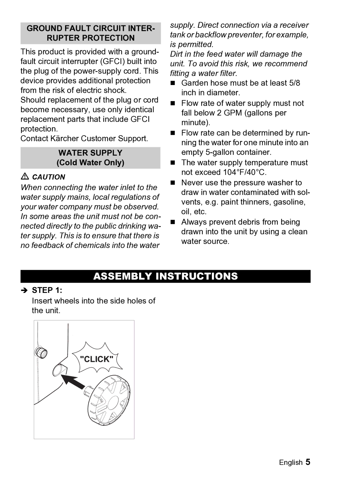 Karcher K 2.26 M manual Assembly Instructions, Water Supply Cold Water Only 