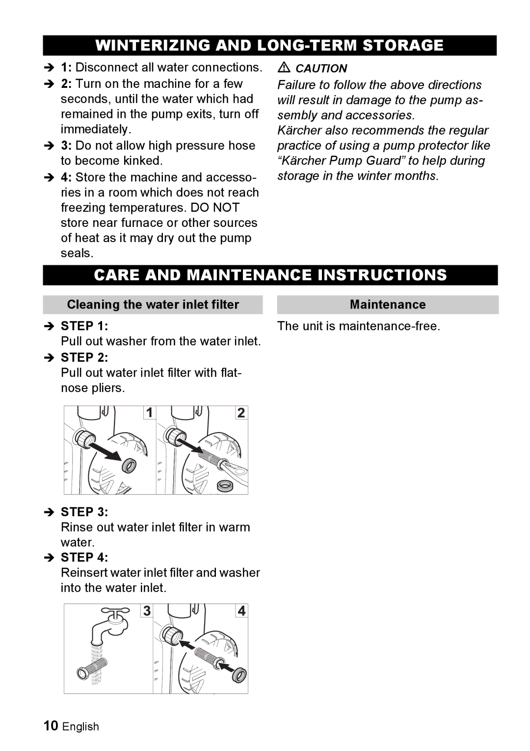 Karcher K 2.26M manual Winterizing and LONG-TERM Storage, Care and Maintenance Instructions 