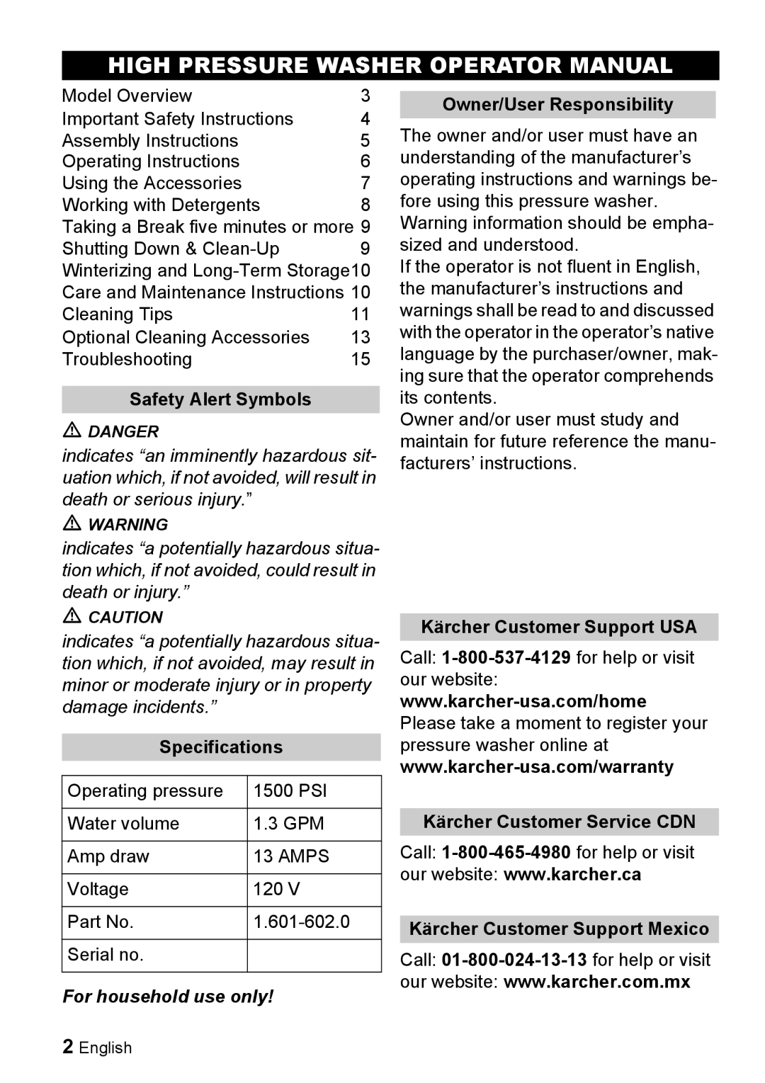 Karcher K 2.26M manual High Pressure Washer Operator Manual, For household use only 