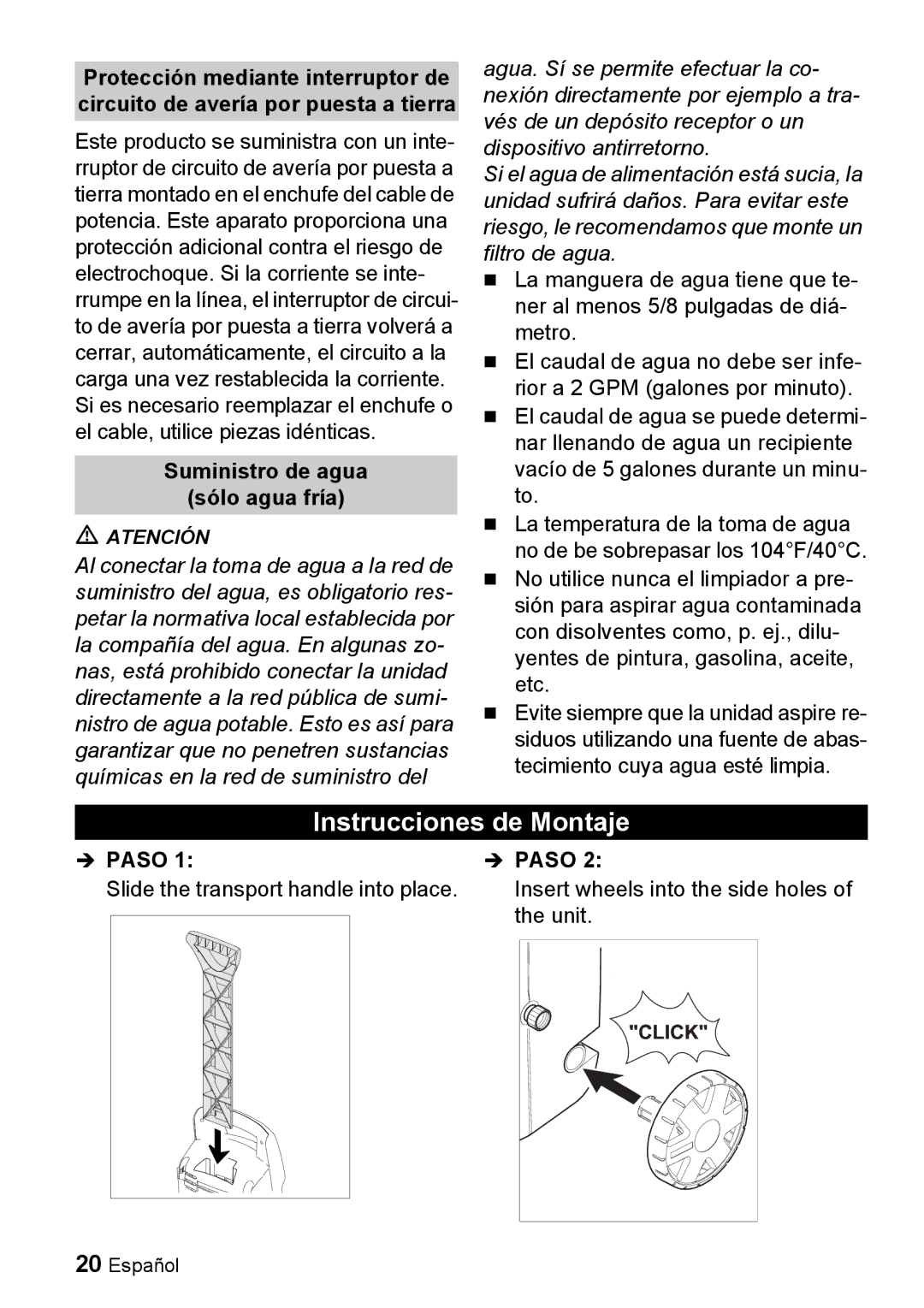 Karcher K 2.26M manual Instrucciones de Montaje, Suministro de agua Sólo agua fría 