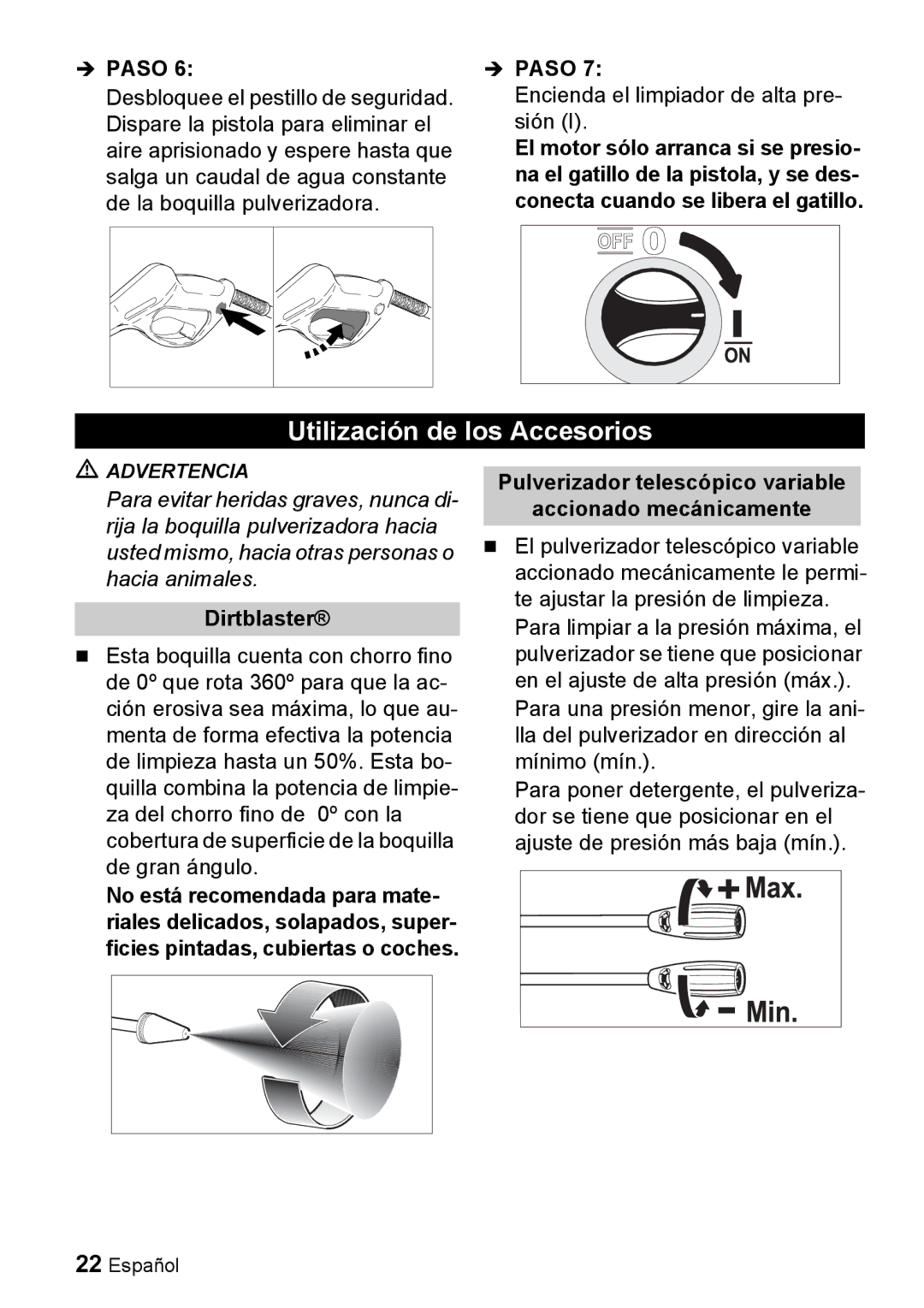 Karcher K 2.26M manual Utilización de los Accesorios, Pulverizador telescópico variable Accionado mecánicamente 