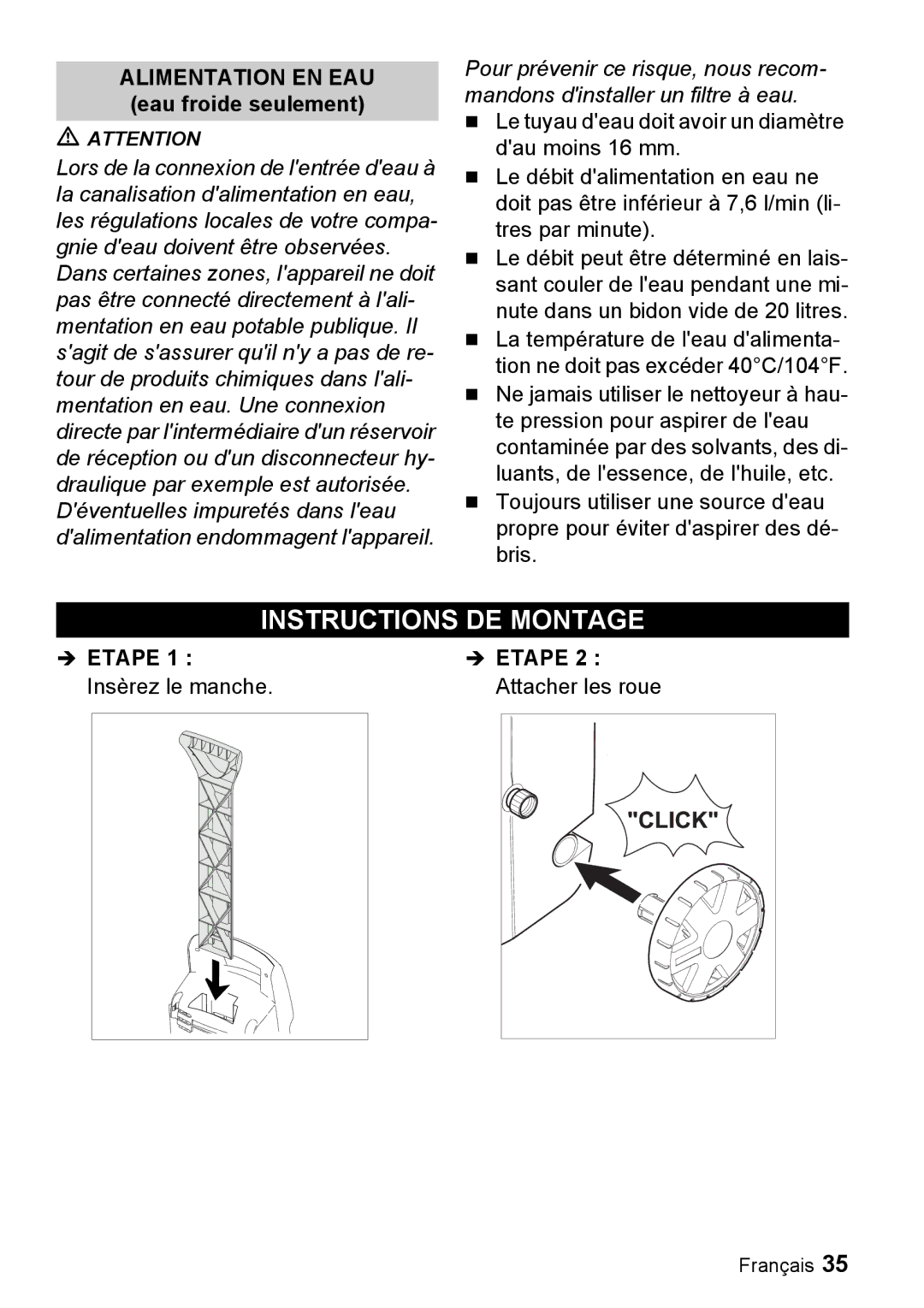 Karcher K 2.26M manual Instructions DE Montage, Alimentation EN EAU eau froide seulement 