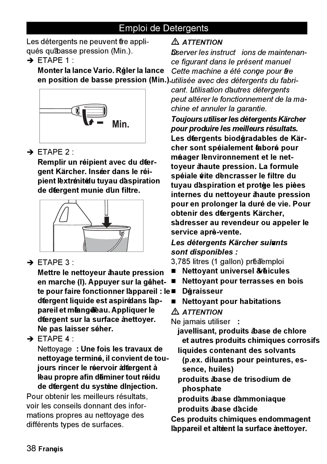 Karcher K 2.26M Emploi de Detergents, Les détergents Kärcher suivants sont disponibles, Litres 1 gallon prêt à lemploi 