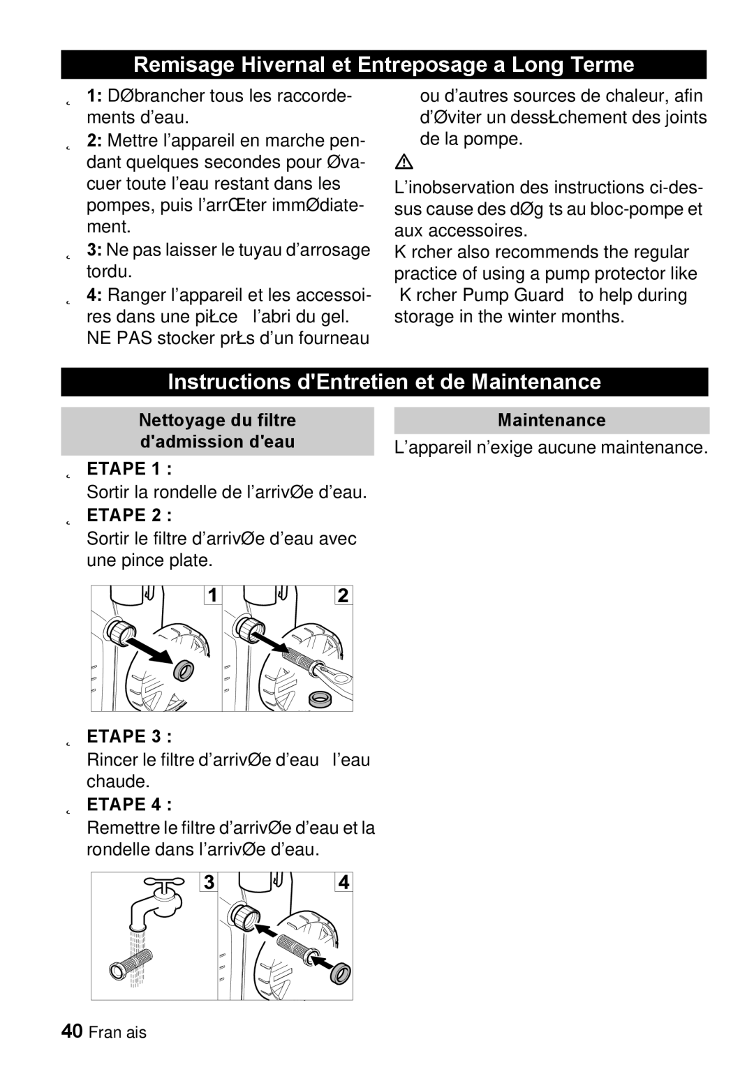 Karcher K 2.26M manual Remisage Hivernal et Entreposage a Long Terme, Instructions dEntretien et de Maintenance 