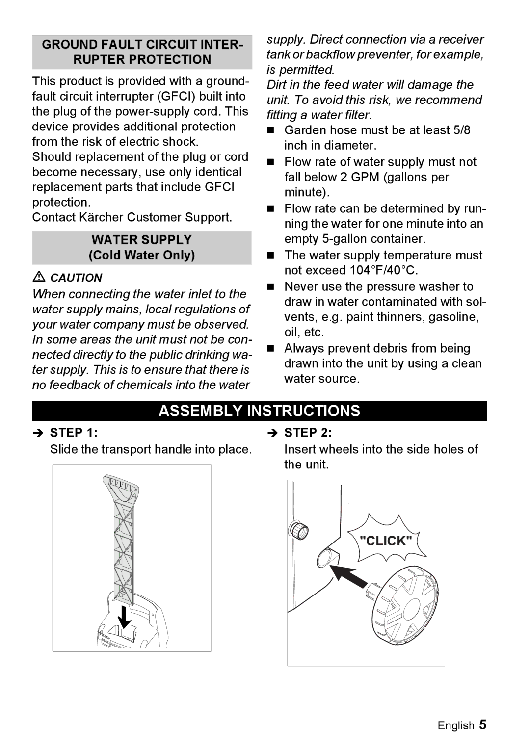 Karcher K 2.26M manual Assembly Instructions, Water Supply Cold Water Only 