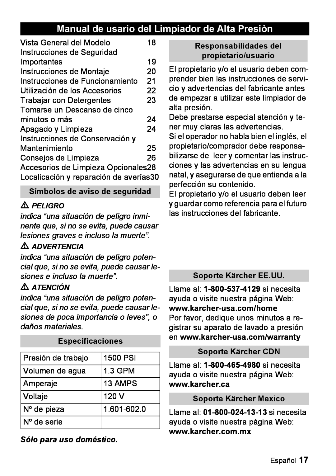Karcher K 2.26M manual Manual de usario del Limpiador de Alta Presiòn, Símbolos de aviso de seguridad, Especificaciones 