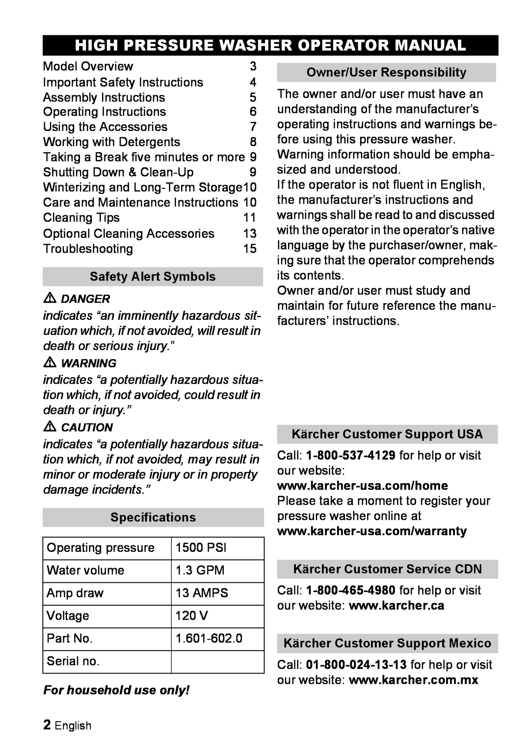 Karcher K 2.26M manual High Pressure Washer Operator Manual, Safety Alert Symbols, Specifications, For household use only 