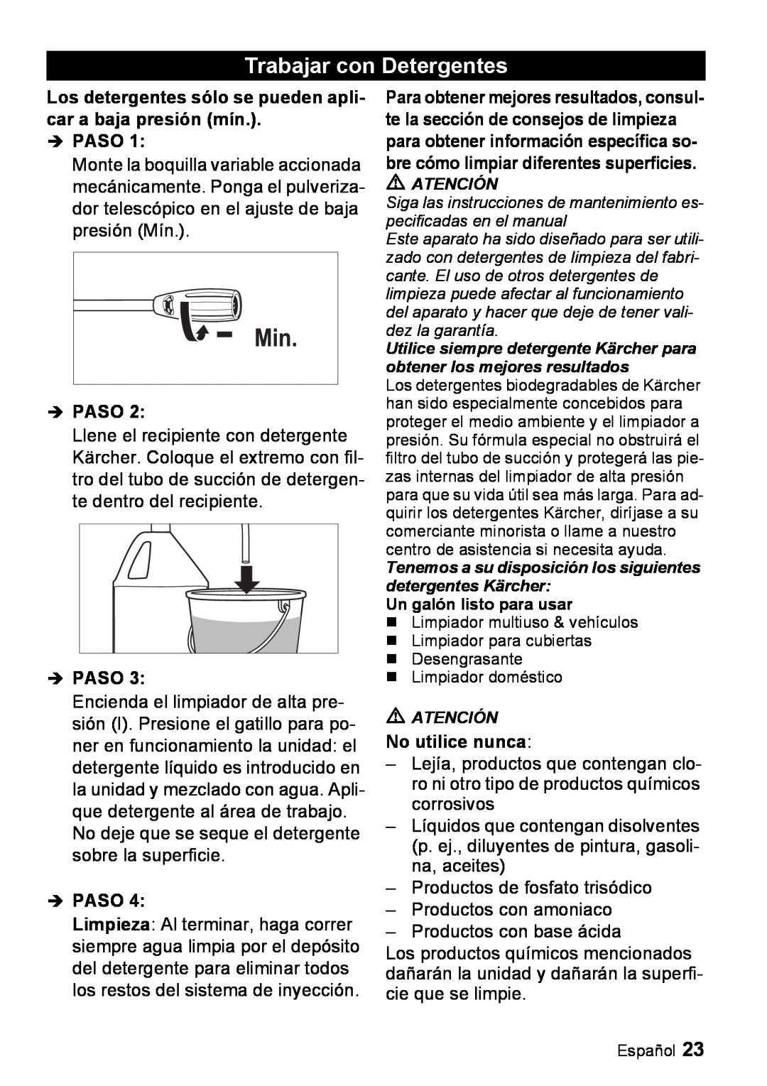 Karcher K 2.26M manual Trabajar con Detergentes, No utilice nunca, Îpaso, Î Paso 