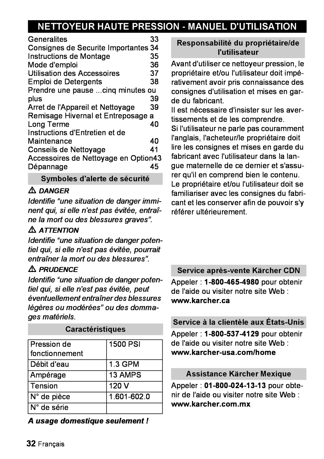 Karcher K 2.26M manual Nettoyeur Haute Pression - Manuel Dutilisation, Symboles dalerte de sécurité, Caractéristiques 