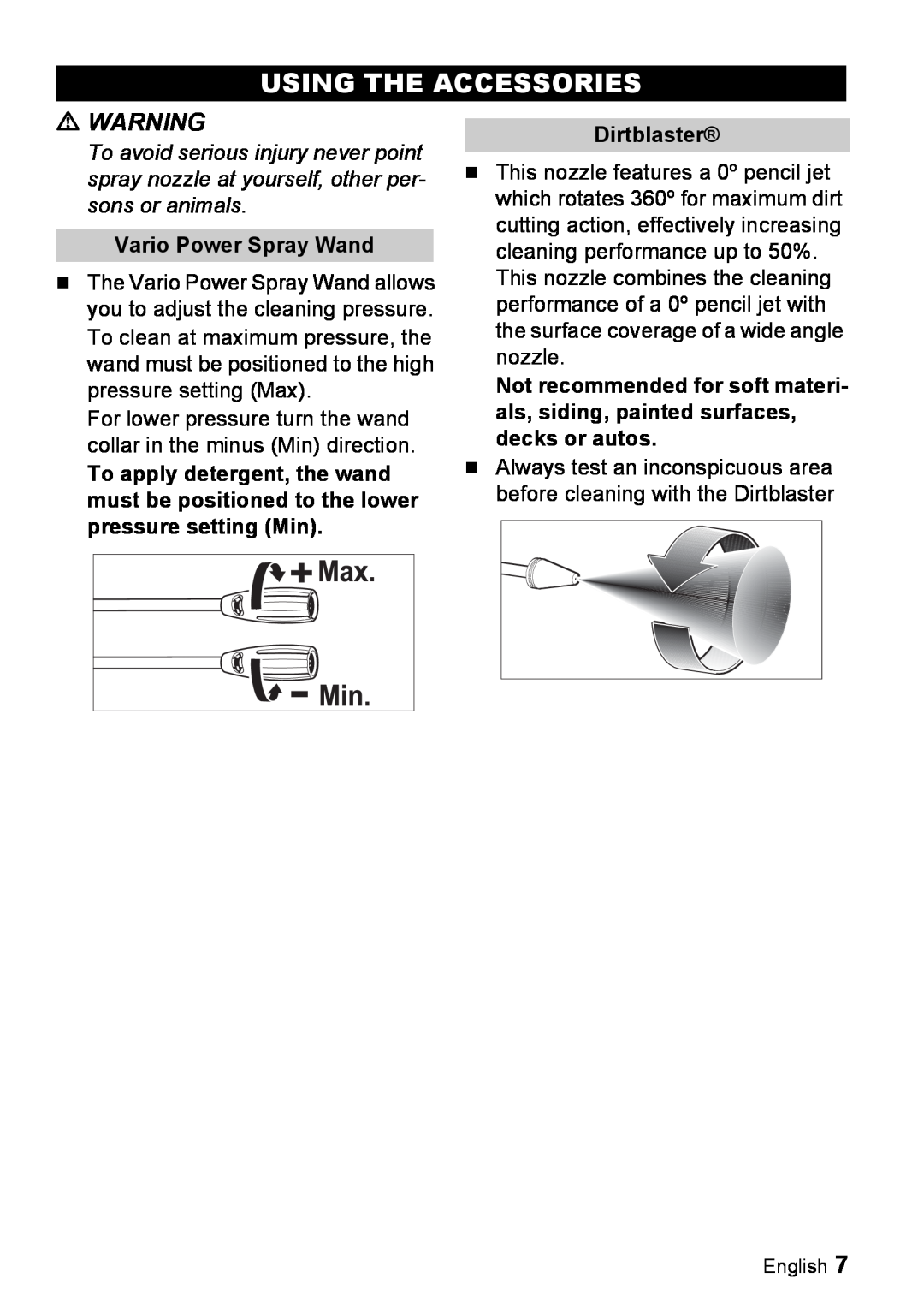 Karcher K 2.26M manual Using The Accessories, Vario Power Spray Wand, Dirtblaster 