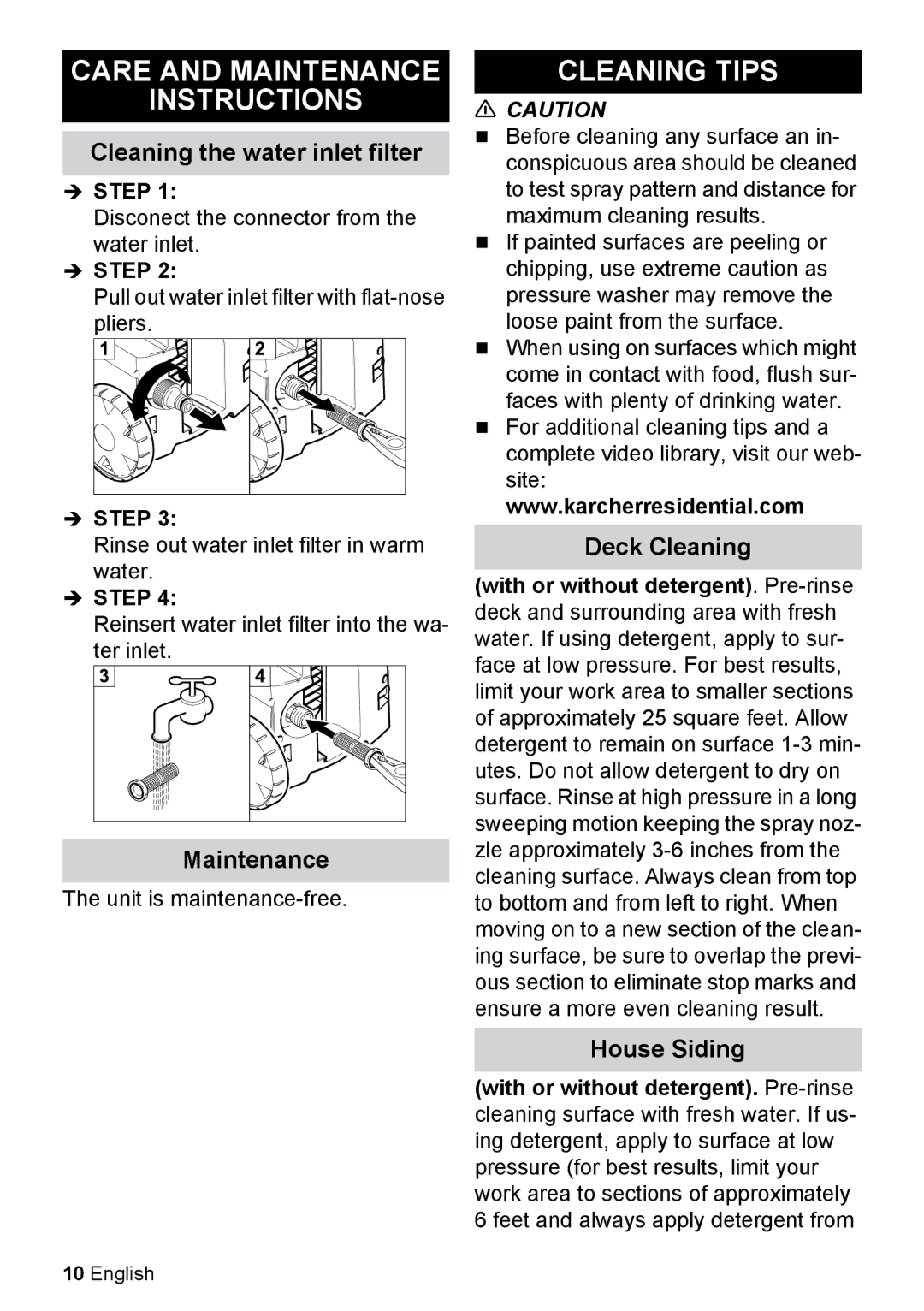 Karcher K 2.27 manual Care and Maintenance Instructions, Cleaning Tips, Cleaning the water inlet filter, Deck Cleaning 