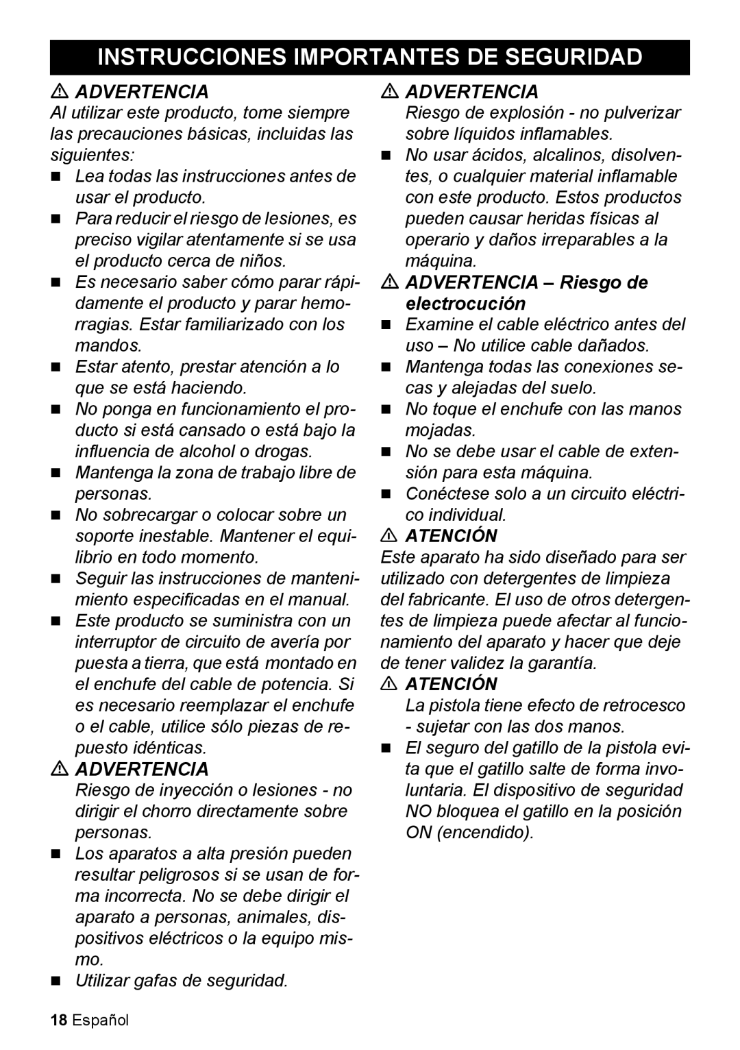 Karcher K 2.27 manual Instrucciones Importantes DE Seguridad, Advertencia Riesgo de Electrocución 