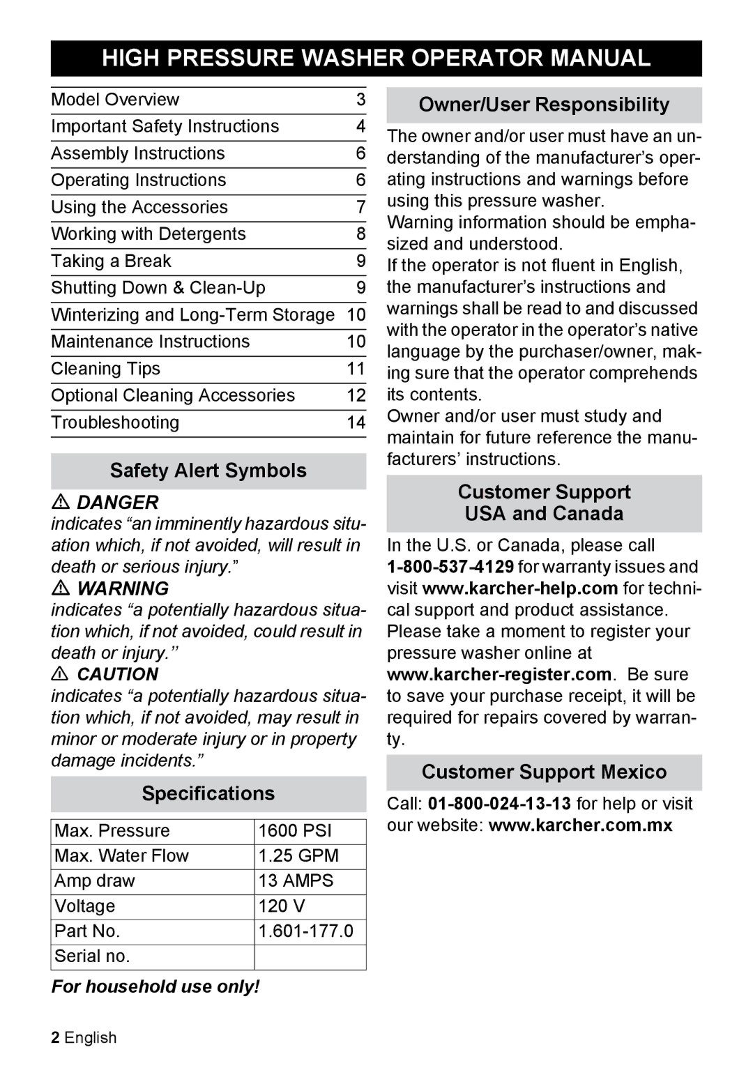 Karcher K 2.27 manual High Pressure Washer Operator Manual, Owner/User Responsibility, Safety Alert Symbols, USA and Canada 