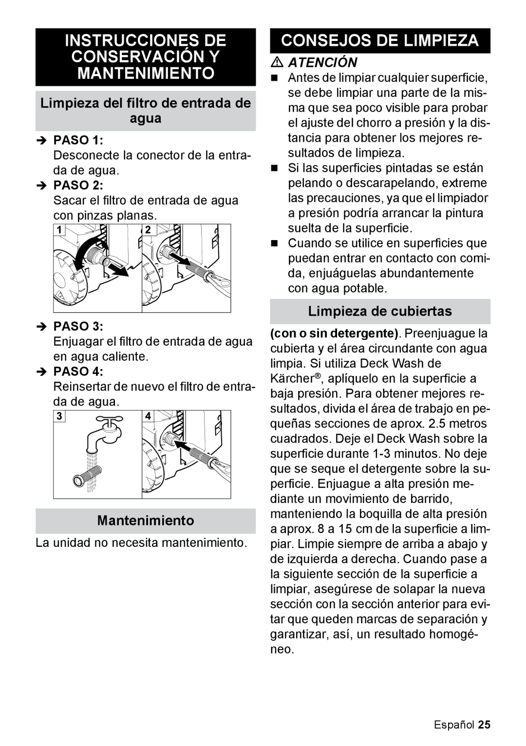 Karcher K 2.27 Instrucciones DE Conservación Y Mantenimiento, Consejos DE Limpieza, Limpieza del filtro de entrada de Agua 