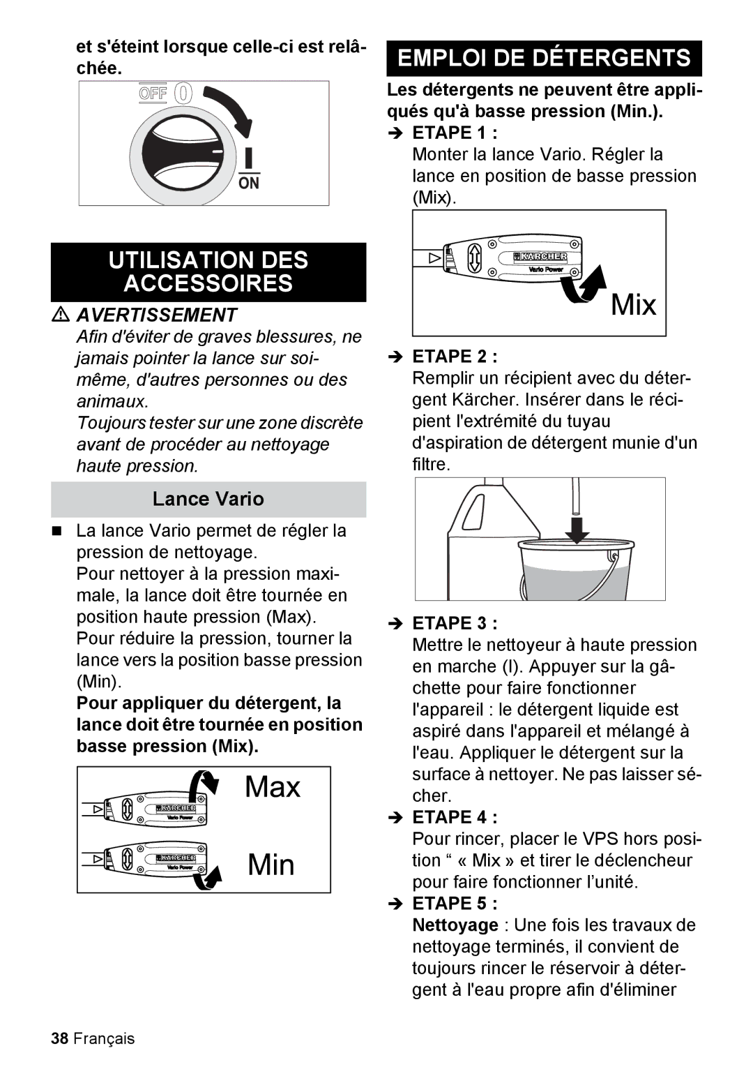 Karcher K 2.27 manual Emploi DE Détergents, Utilisation DES Accessoires, Lance Vario 