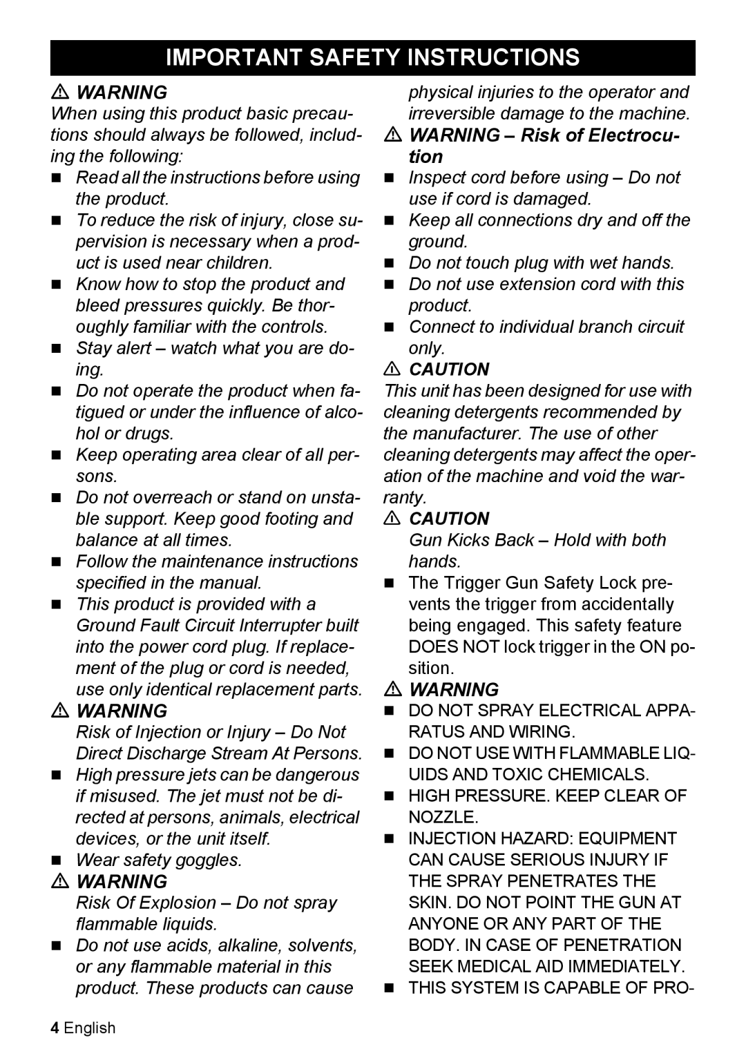 Karcher K 2.27 manual Important Safety Instructions, Tion 