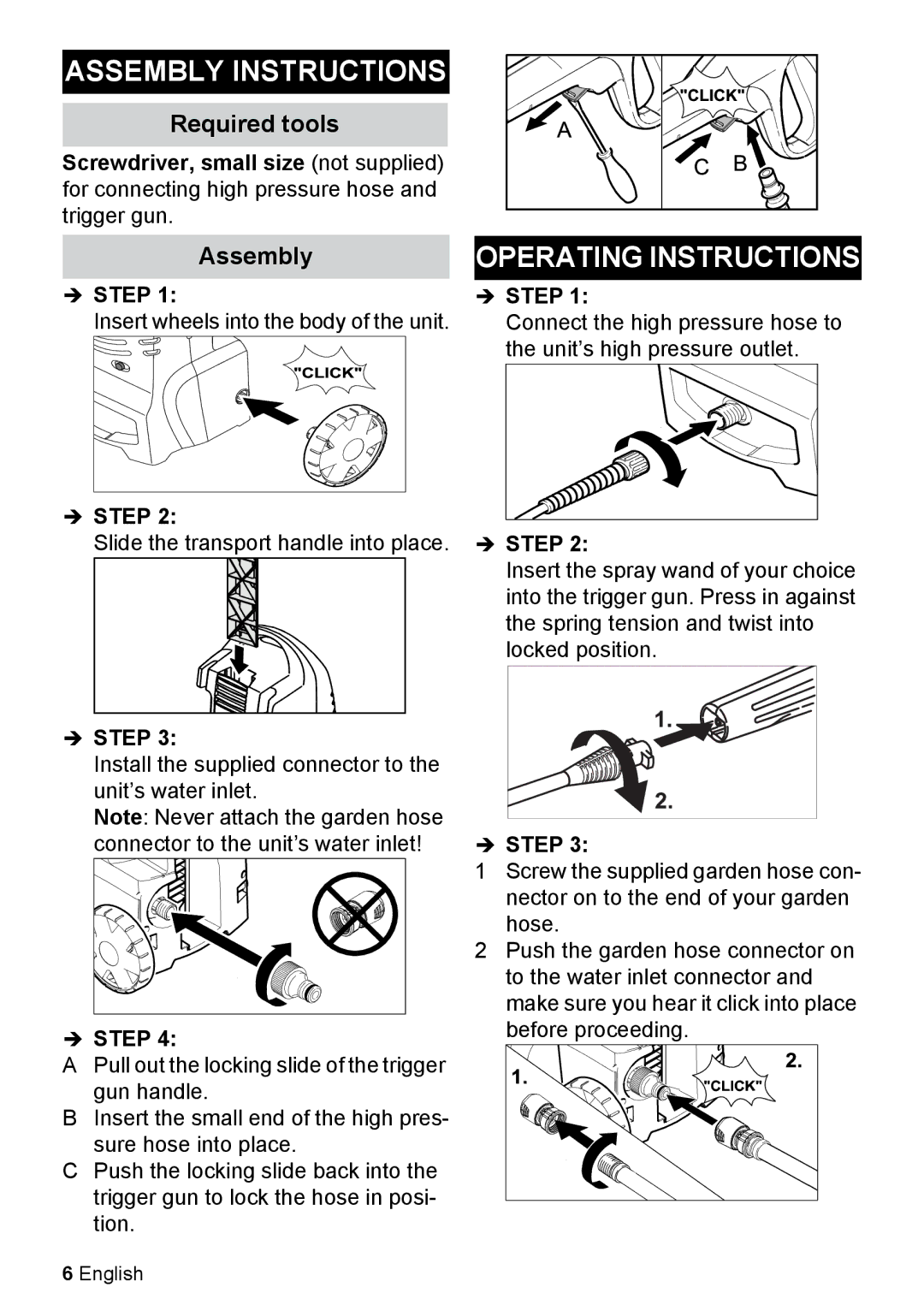 Karcher K 2.27 manual Assembly Instructions, Operating Instructions, Required tools 