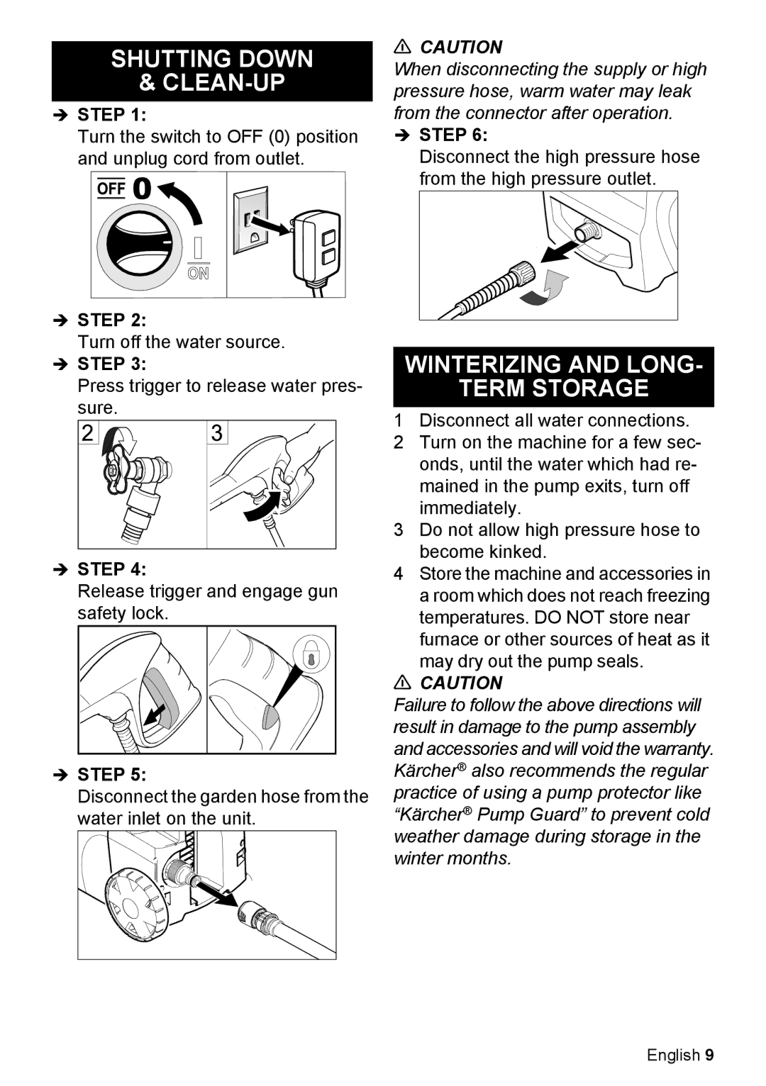 Karcher K 2.27 manual Shutting Down CLEAN-UP, Winterizing and Long Term Storage 