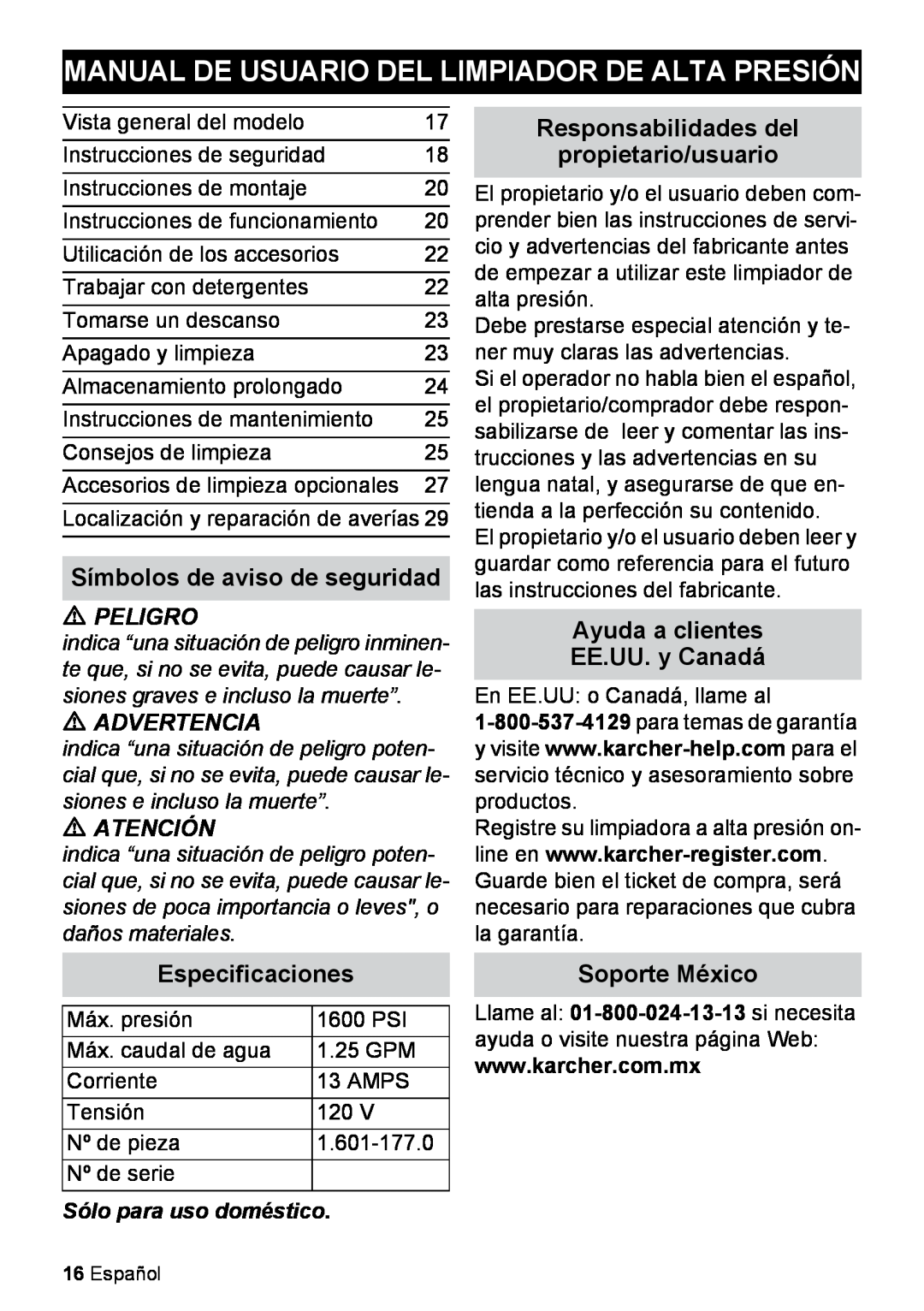 Karcher K 2.27 Manual De Usuario Del Limpiador De Alta Presión, Símbolos de aviso de seguridad, Especificaciones, Peligro 