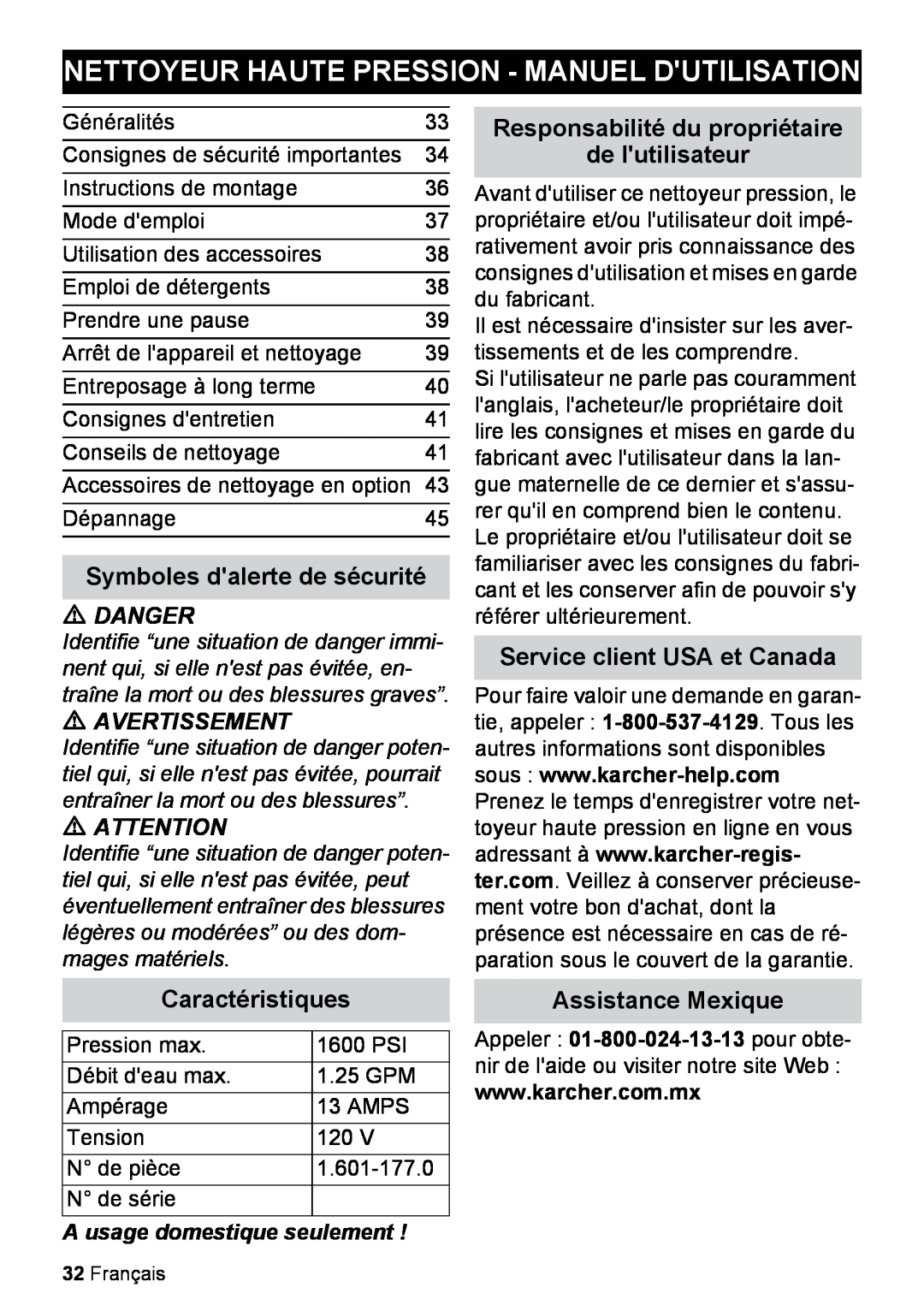 Karcher K 2.27 Nettoyeur Haute Pression - Manuel Dutilisation, Symboles dalerte de sécurité, Service client USA et Canada 