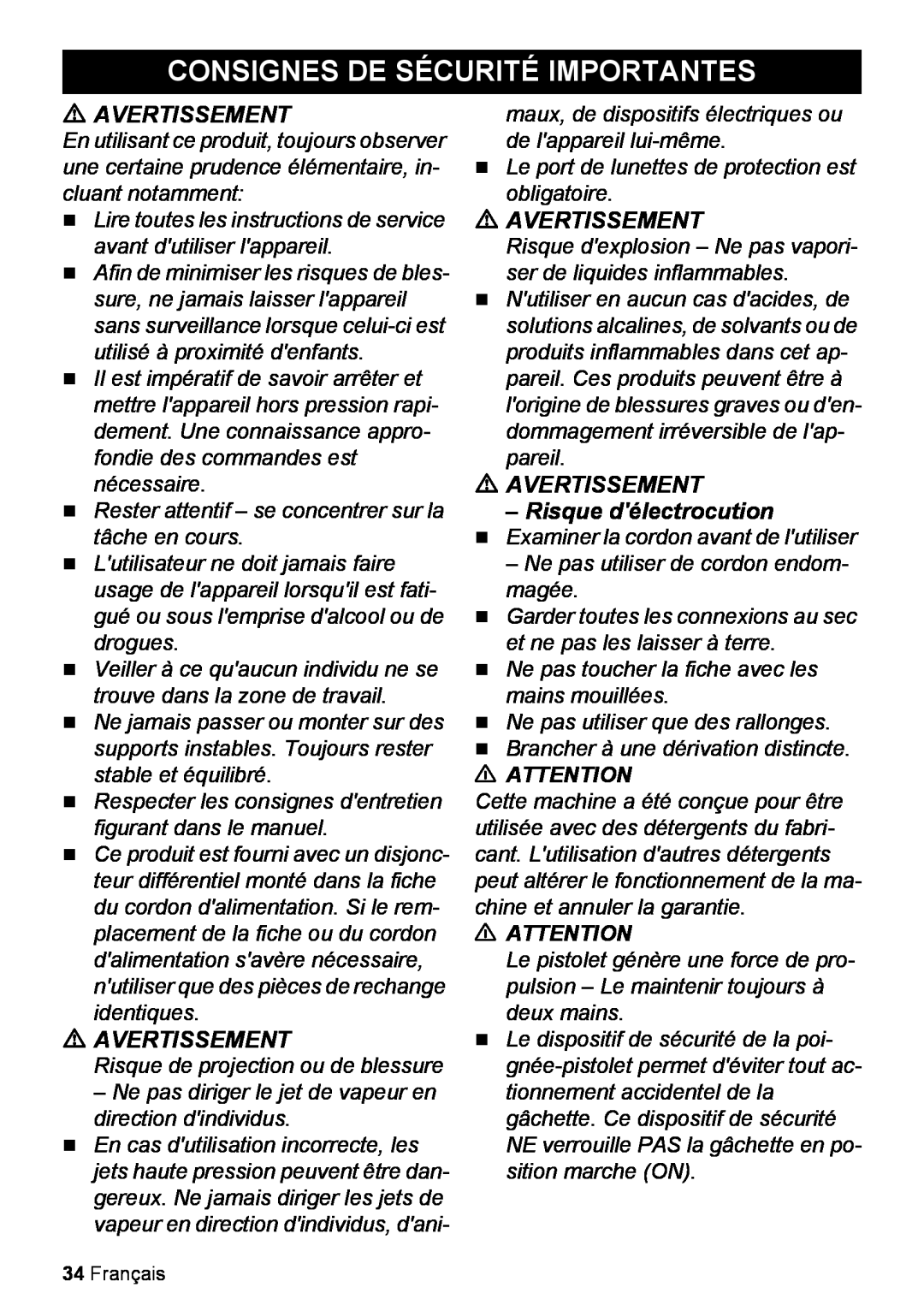 Karcher K 2.27 manual Consignes De Sécurité Importantes, AVERTISSEMENT Risque délectrocution, Avertissement 