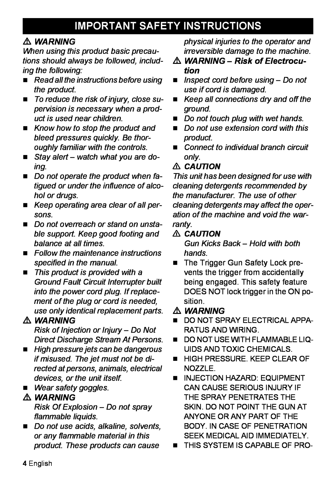 Karcher K 2.27 manual Important Safety Instructions, WARNING - Risk of Electrocu tion 