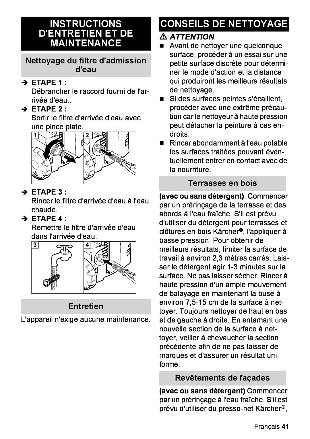 Karcher K 2.27 manual Instructions Dentretien Et De Maintenance, Conseils De Nettoyage, Nettoyage du filtre dadmission deau 
