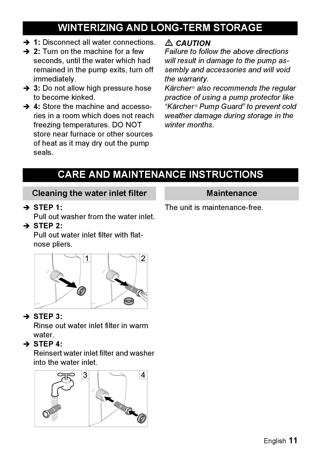 Karcher K 2.28 manual Winterizing and LONG-TERM Storage, Care and Maintenance Instructions 