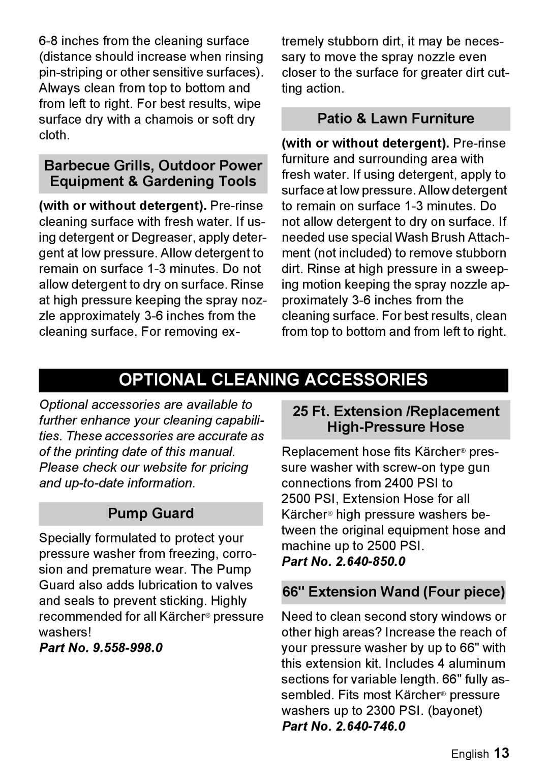 Karcher K 2.28 manual Optional Cleaning Accessories, Patio & Lawn Furniture, Pump Guard, Extension Wand Four piece 