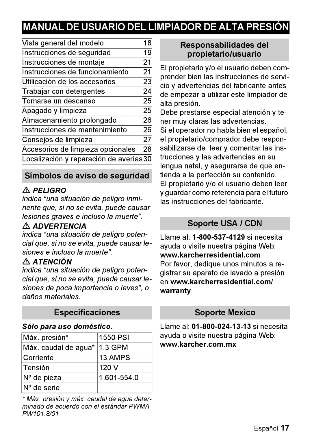 Karcher K 2.28 manual Manual DE Usuario DEL Limpiador DE Alta Presión, Símbolos de aviso de seguridad, Soporte Mexico 